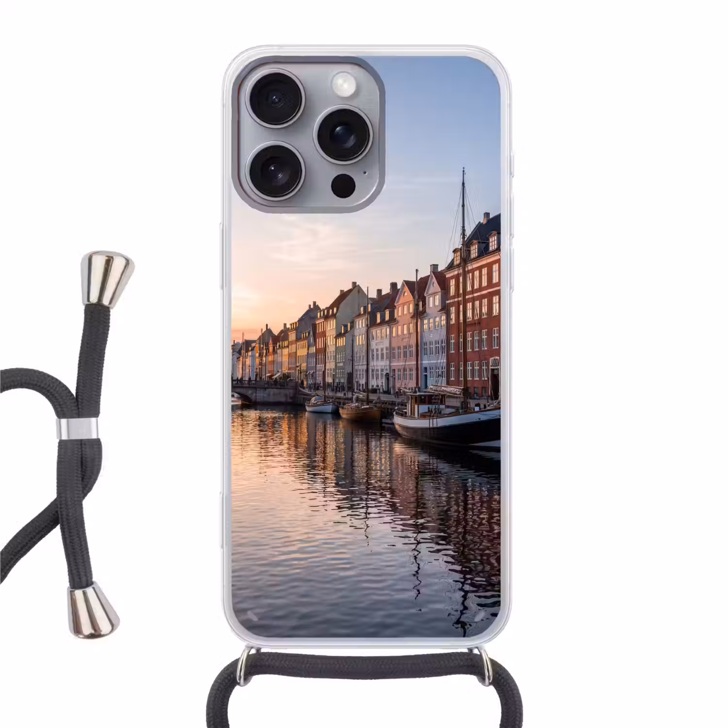 Stad - Gracht - Zonsondergang - Klassiek - Kleurrijk Hoesje iPhone 16 Pro Max met koord klein -3d