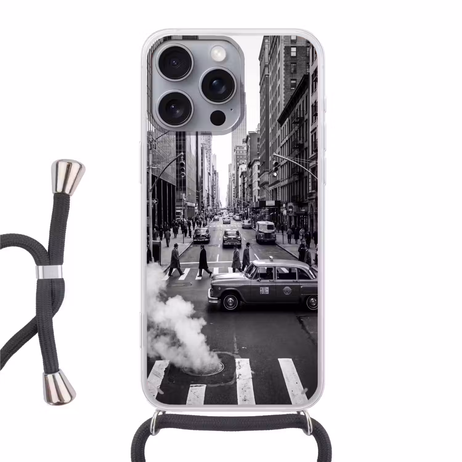 Stad - Straat - Gebouwen - Verkeer - Zwart-wit Hoesje iPhone 16 Pro Max met koord klein -3d