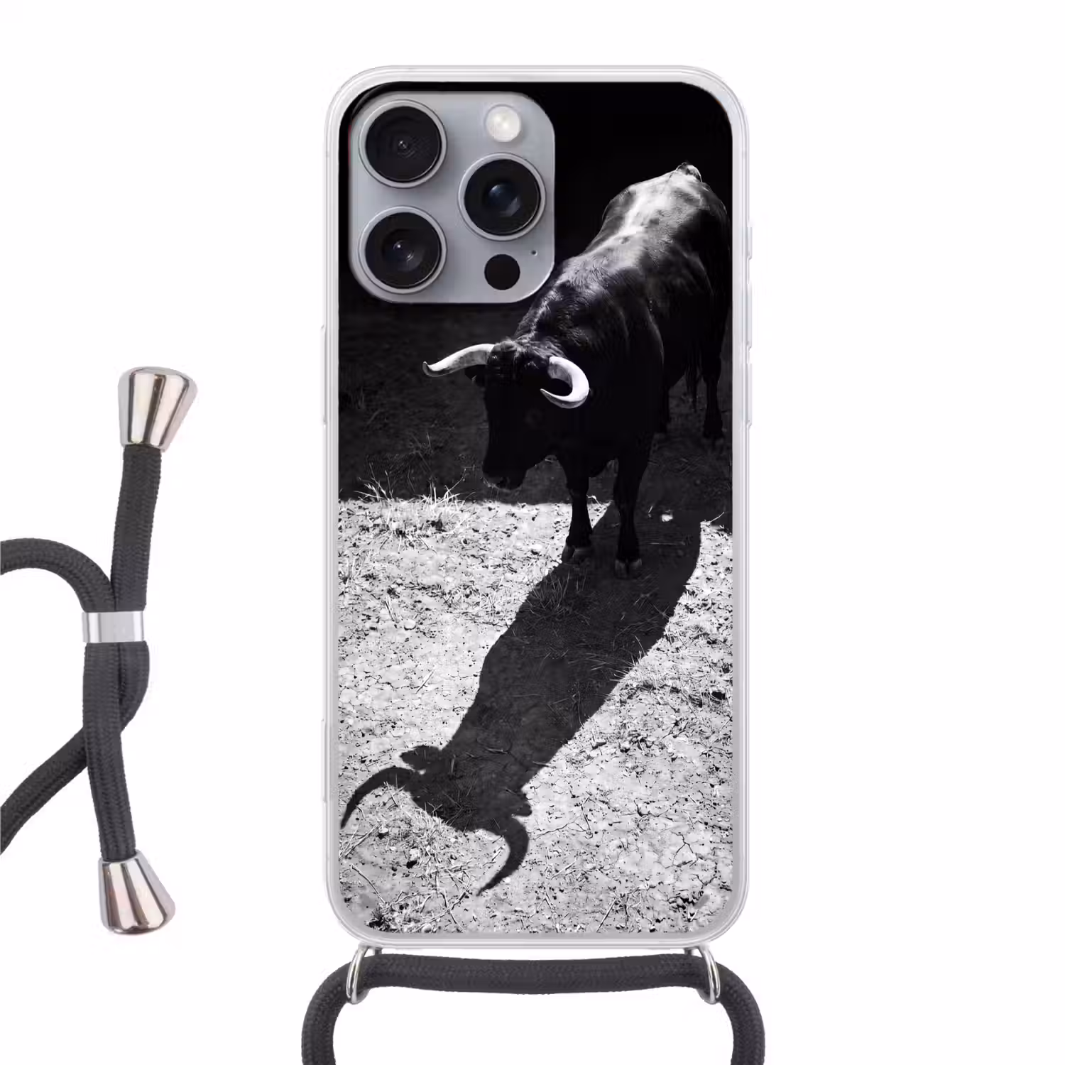 Stier - Schaduw - Dieren - Contrast - Zwart-wit Hoesje iPhone 16 Pro Max met koord klein -3d