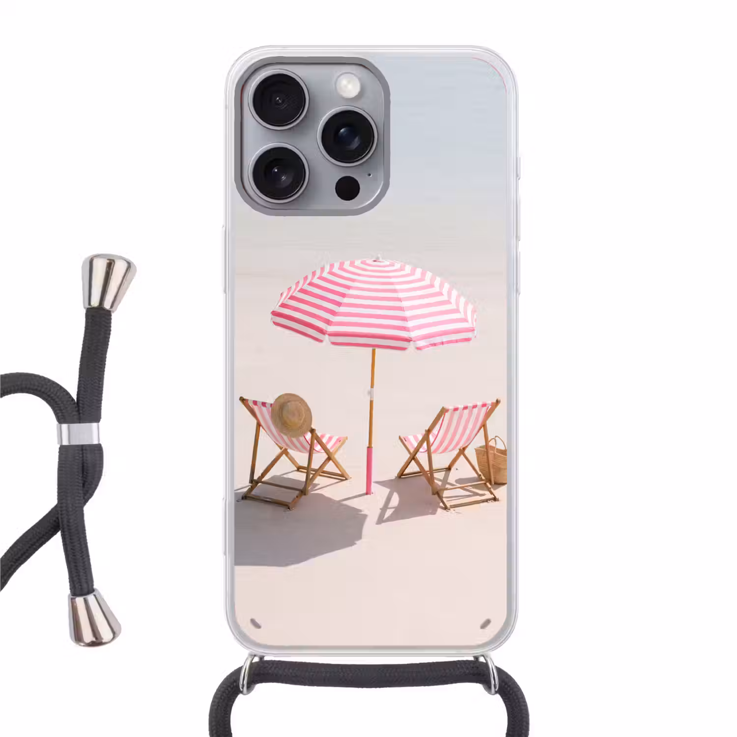Strand - Parasol - Ligstoel - Zomer - Roze Hoesje iPhone 16 Pro Max met koord klein -3d