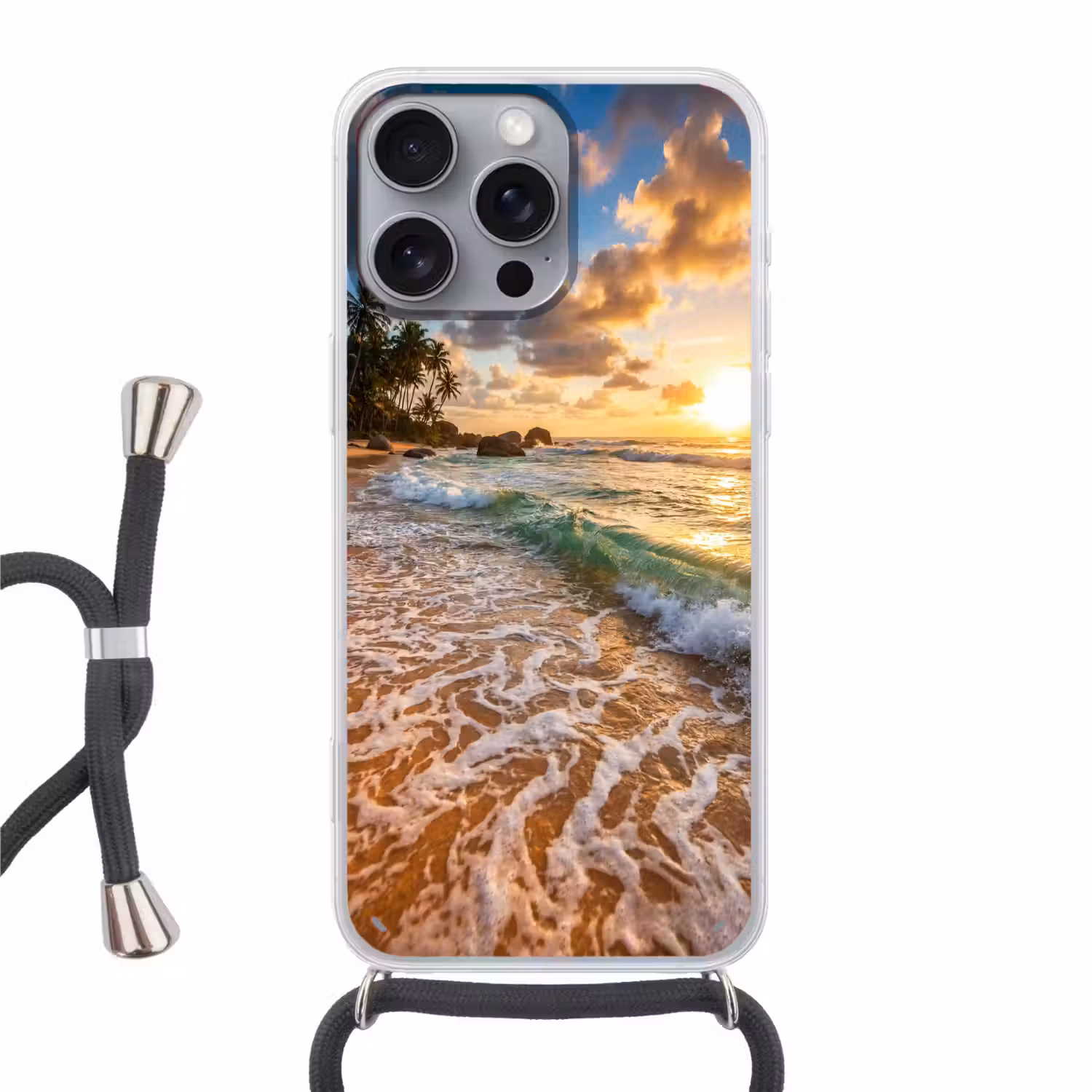 Strand - Zonsondergang - Golven - Natuur - Goud Hoesje iPhone 16 Pro Max met koord klein -3d