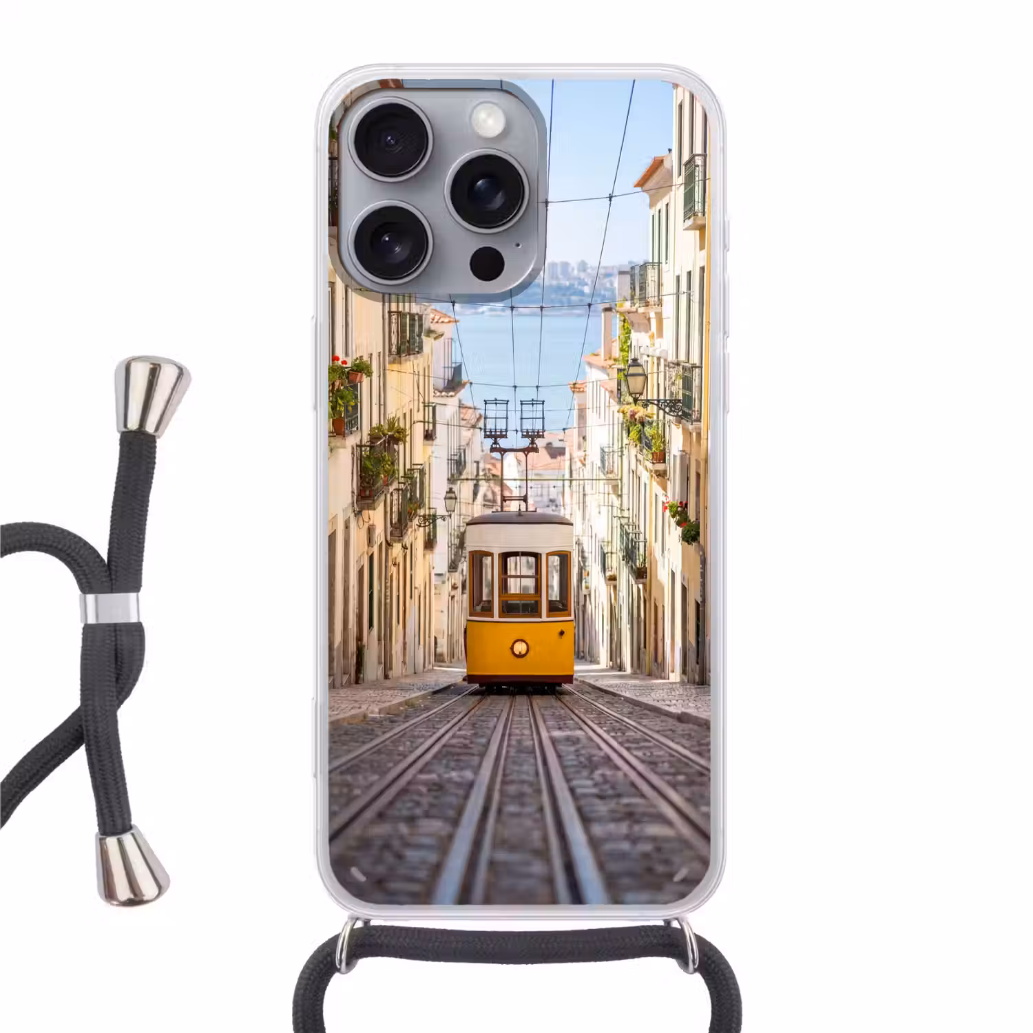 Tram - Straat - Stad - Architectuur - Geel Hoesje iPhone 16 Pro Max met koord klein -3d