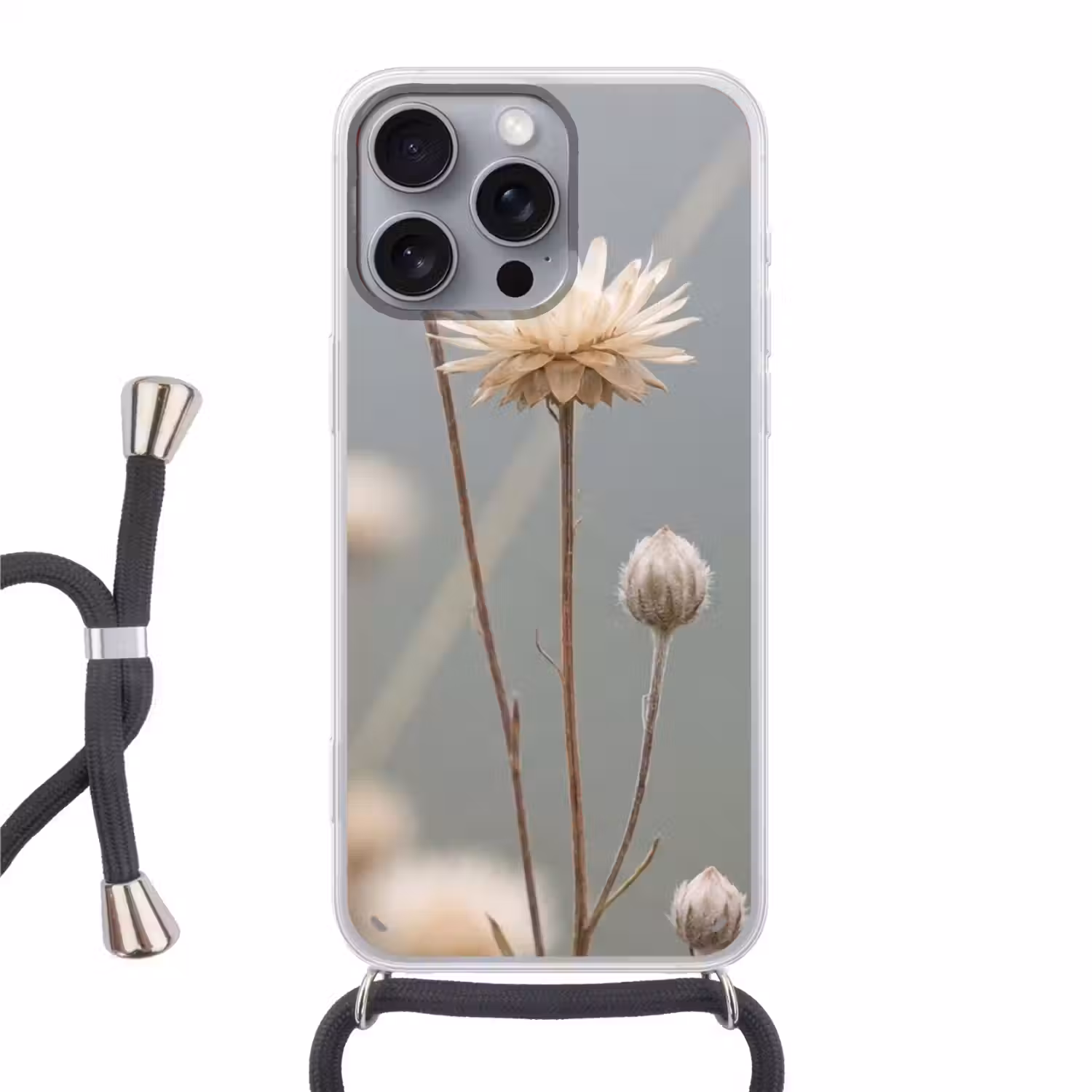 Strobloemen - Wit - Daglicht Hoesje iPhone 16 Pro Max met koord klein -3d