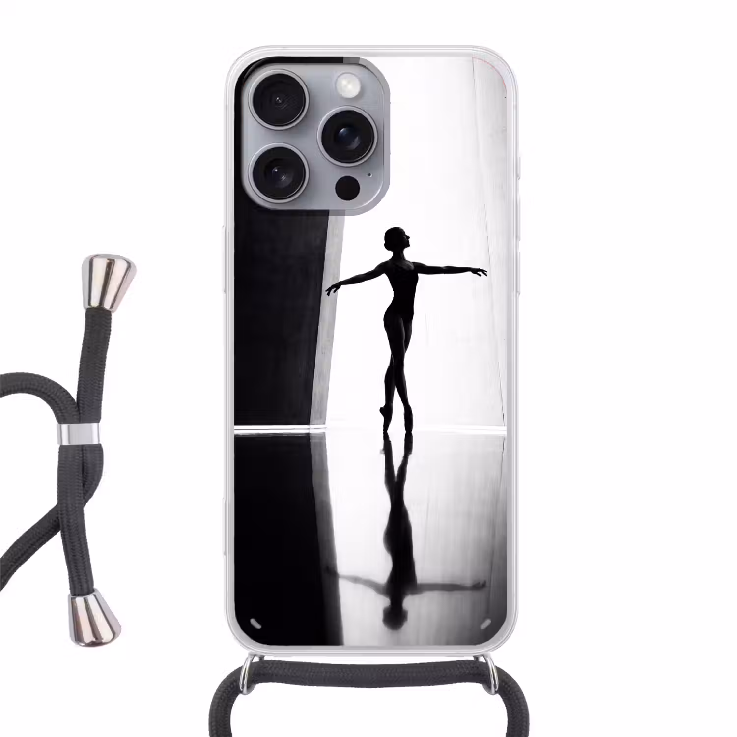 Danser - Silhouette - Kunst - Modern - Zwart-wit Hoesje iPhone 16 Pro Max met koord klein -3d