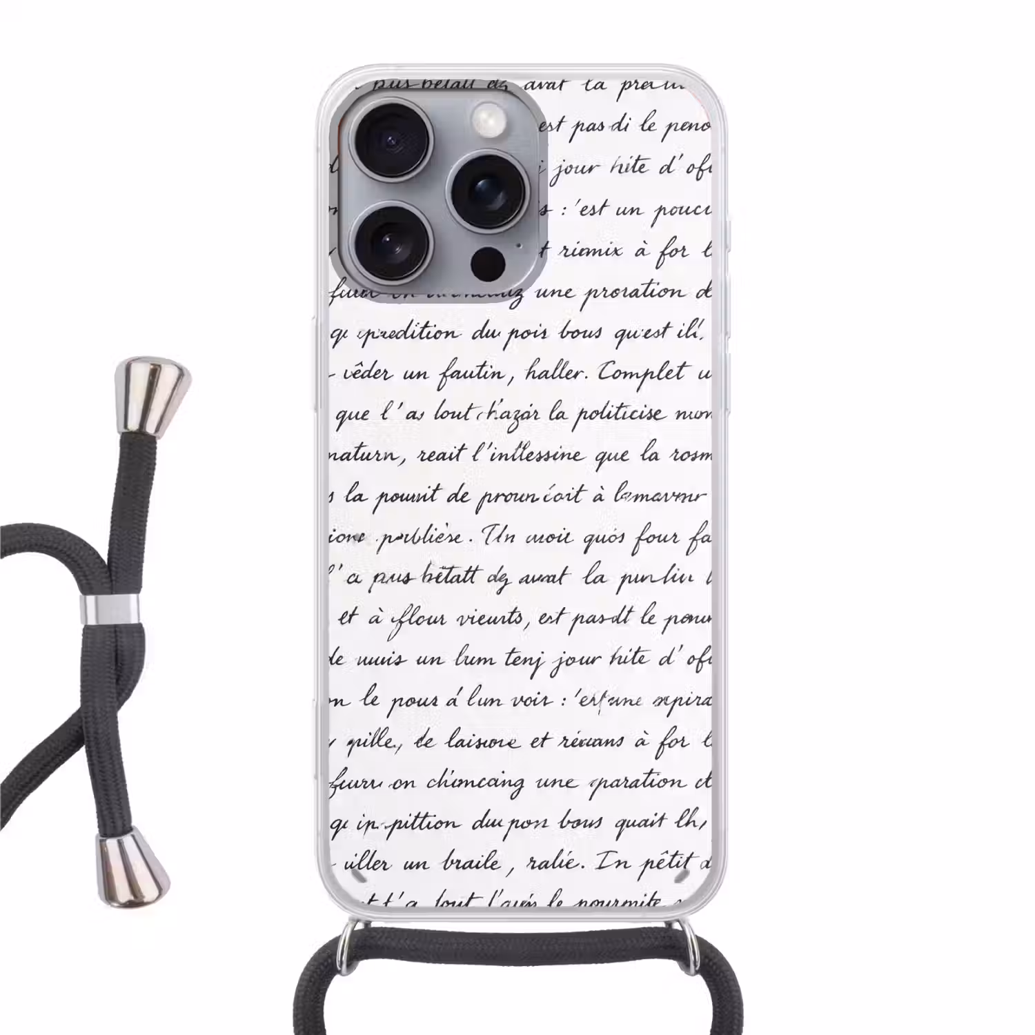 Tekst - Handschrift - Klassiek - ZwartWit Hoesje iPhone 16 Pro Max met koord klein -3d