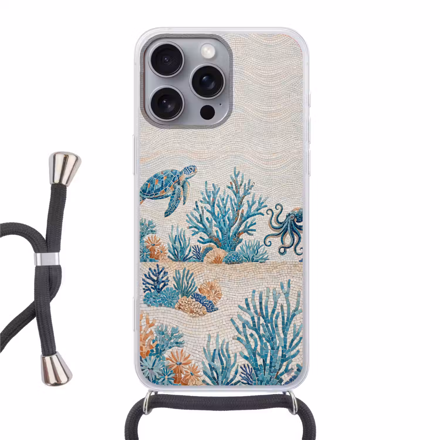 Dieren - Onderwater - Natuur - Mozaïek - Blauw Hoesje iPhone 16 Pro Max met koord klein -3d