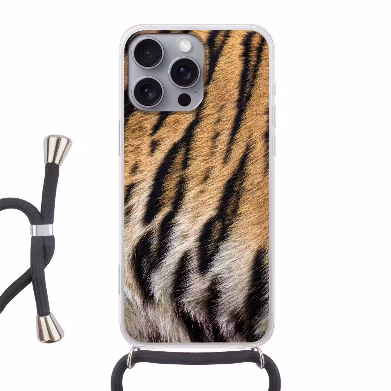 Tijgervacht - Klassiek - Zwart Hoesje iPhone 16 Pro Max met koord klein -3d