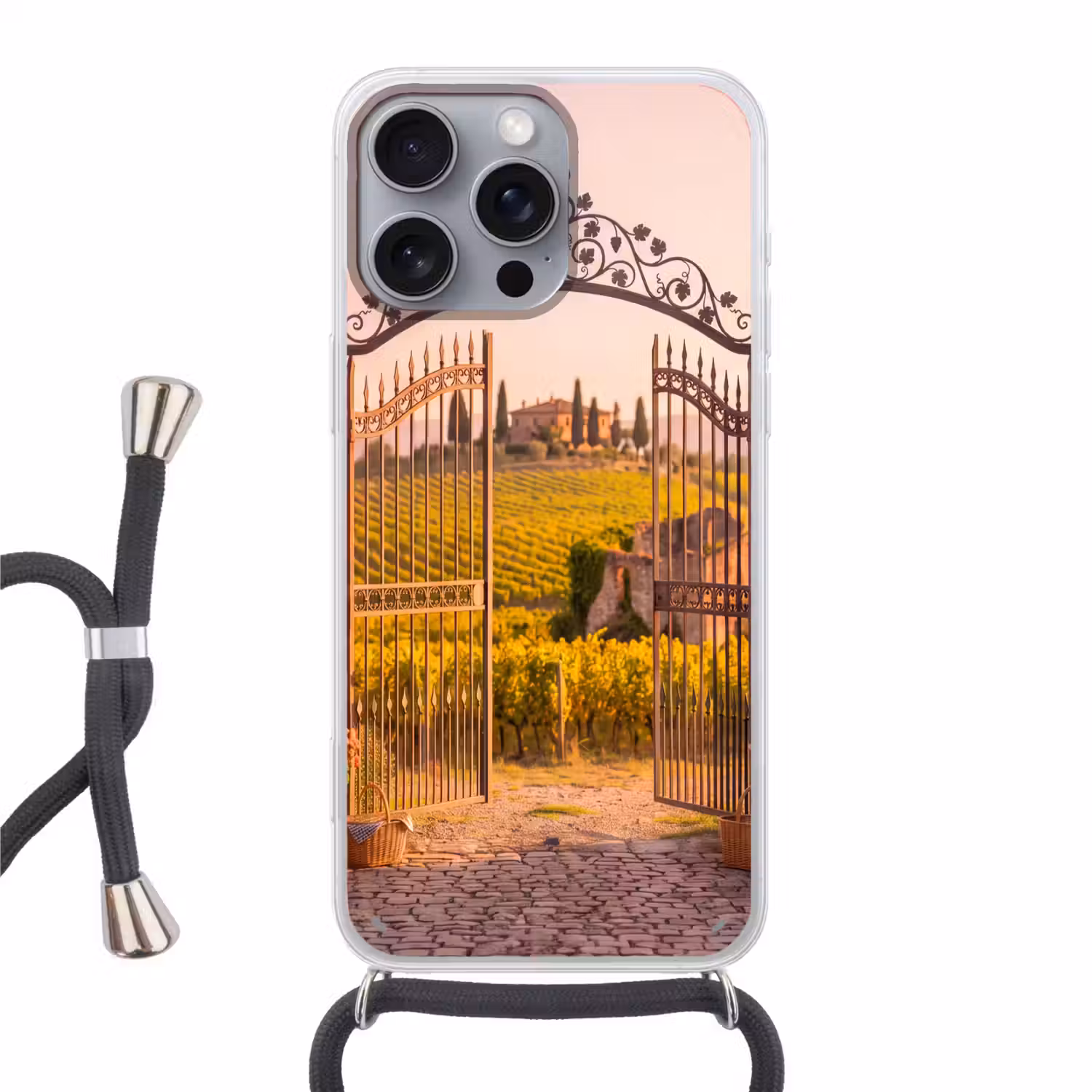 Poort - Landschap - Platteland - Zonlicht - Warm Hoesje iPhone 16 Pro Max met koord klein -3d