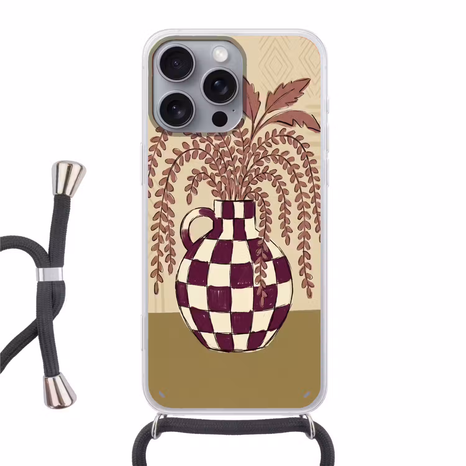 Vaas - Geruit - Planten - Modern - Paars Hoesje iPhone 16 Pro Max met koord klein -3d