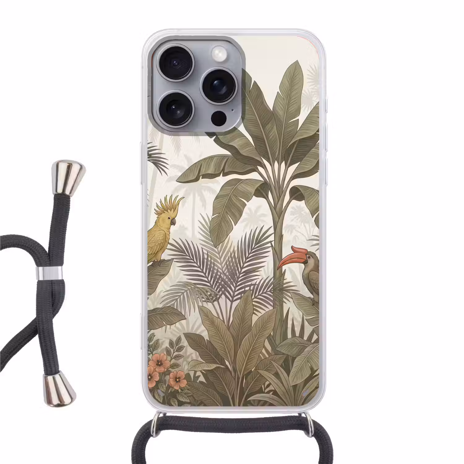 Vogel - Jungle - Tropisch - Illustratie - Groen Hoesje iPhone 16 Pro Max met koord klein -3d