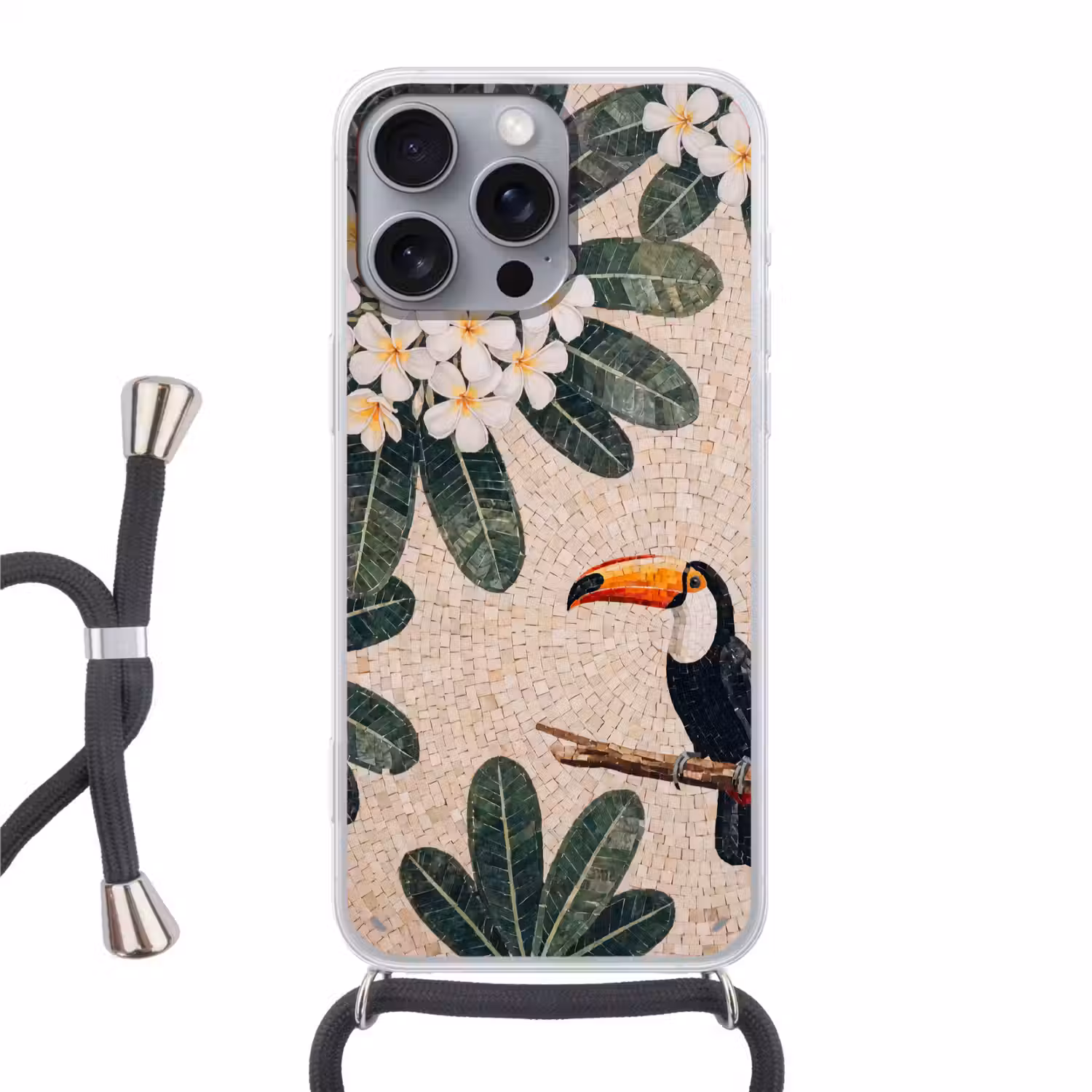 Vogel - Mozaïek - Tropisch - Natuur - Kleurrijk Hoesje iPhone 16 Pro Max met koord klein -3d