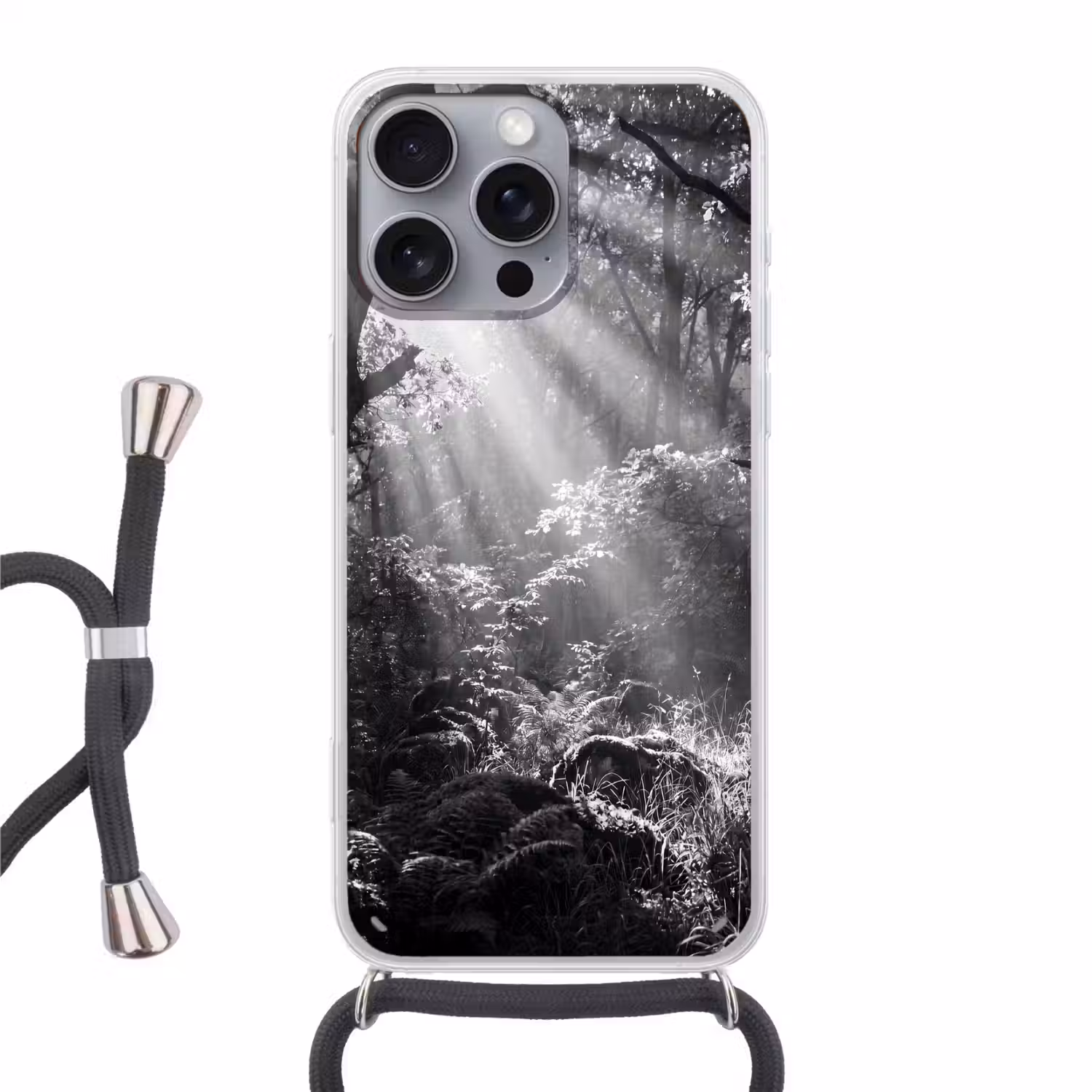 Bos - Lichtstralen - Natuur - Zwart-wit Hoesje iPhone 16 Pro Max met koord klein -3d