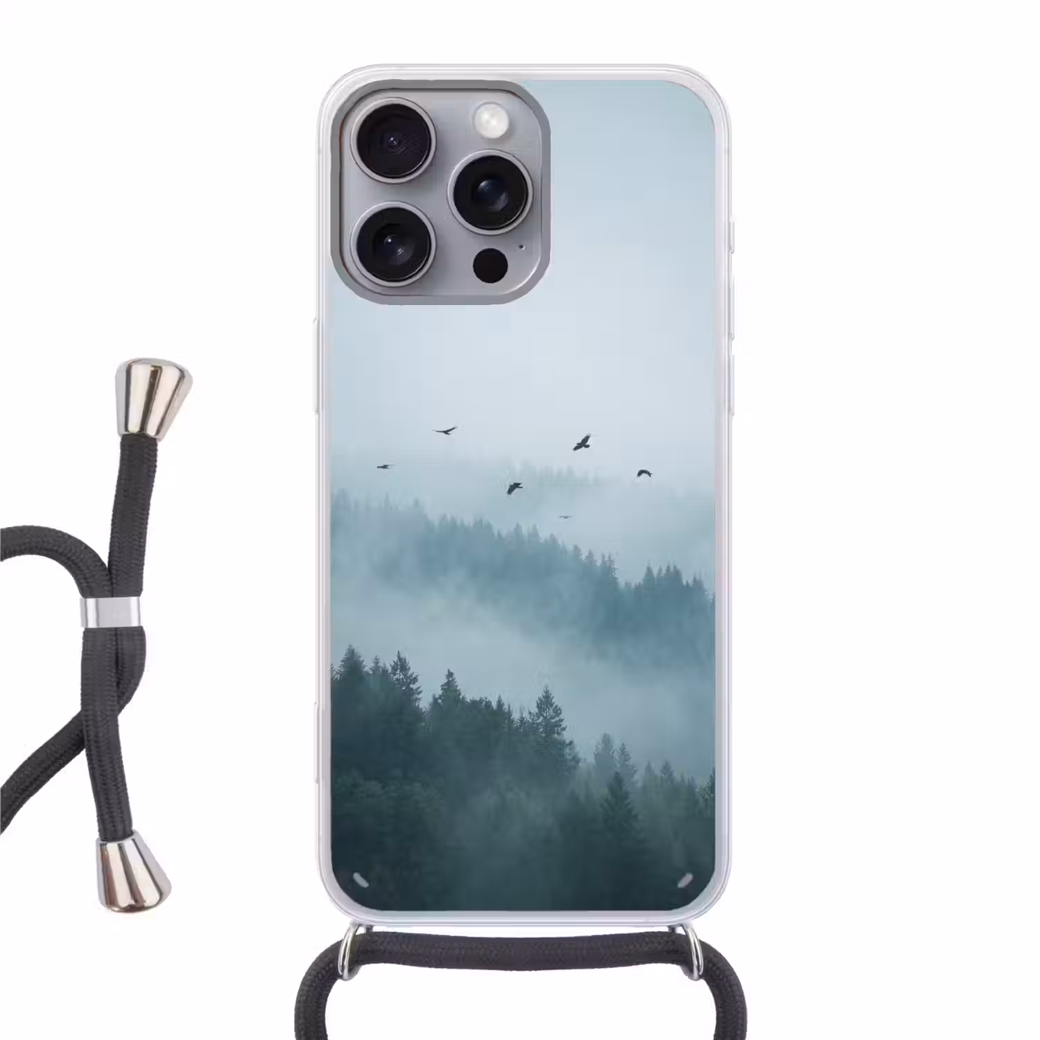 Bos - Mist - Vogels - Natuur - Groen Hoesje iPhone 16 Pro Max met koord klein -3d
