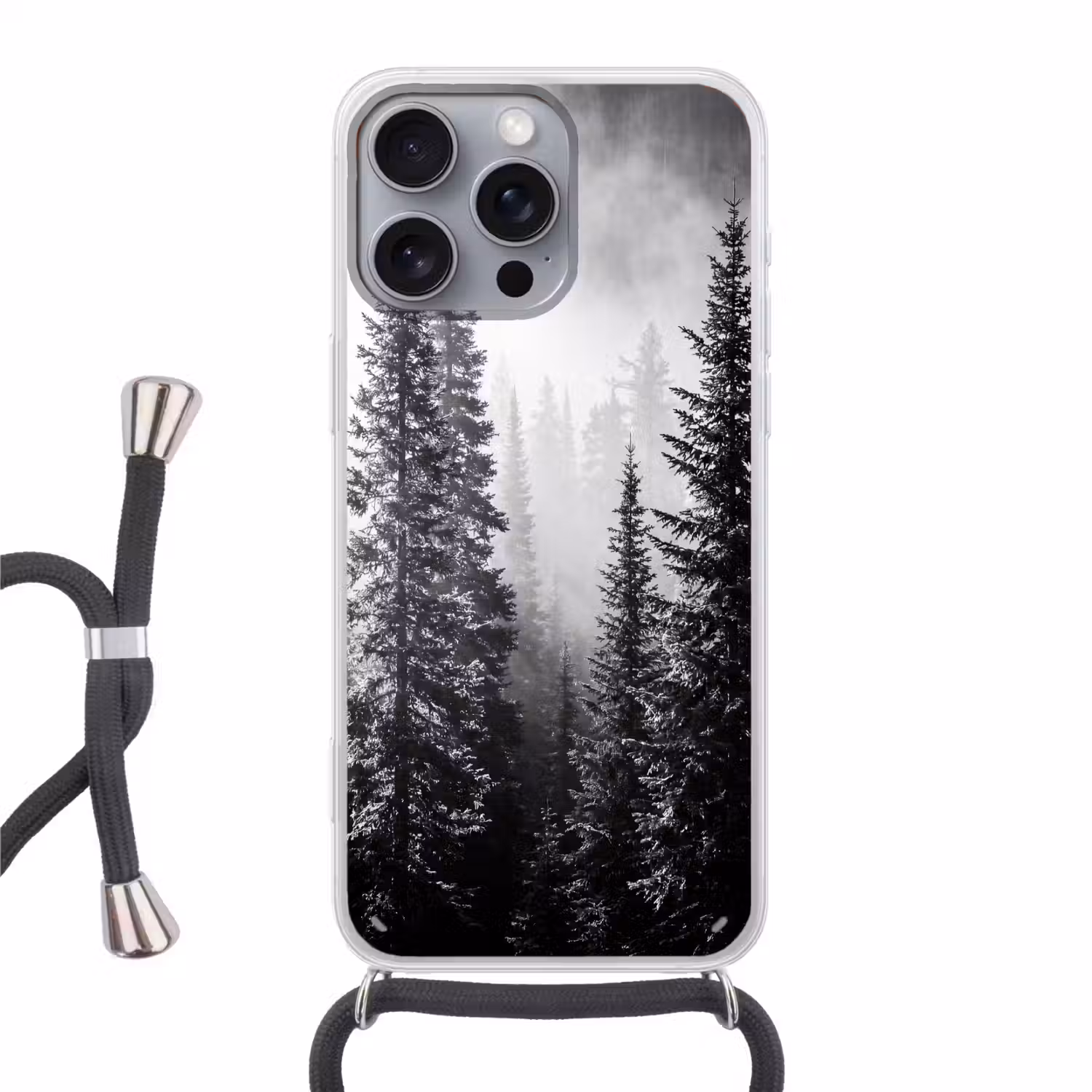 Bos - Mist - Winter - Monochroom - Natuur Hoesje iPhone 16 Pro Max met koord klein -3d