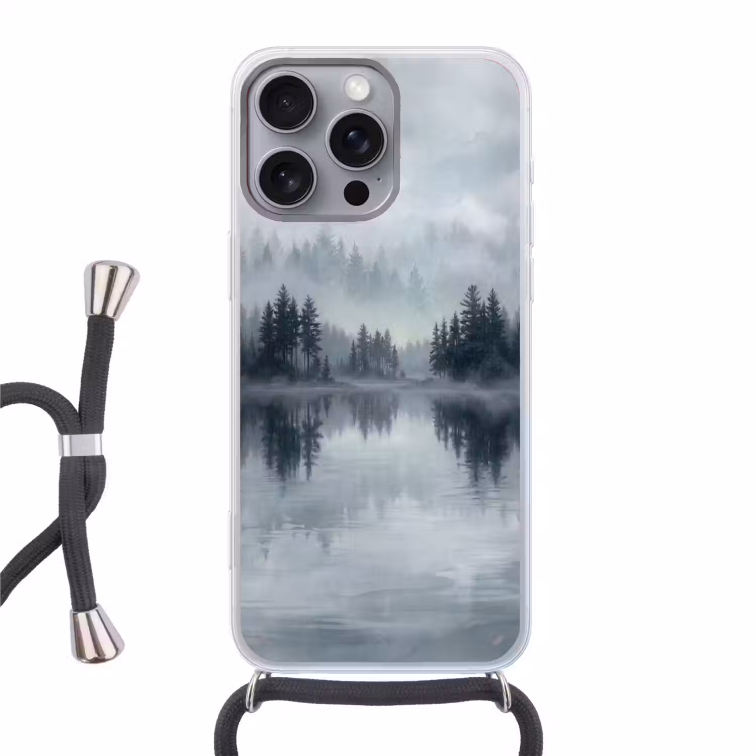 Bos - Meer - Mist - Natuur - Grijs Hoesje iPhone 16 Pro Max met koord klein -3d