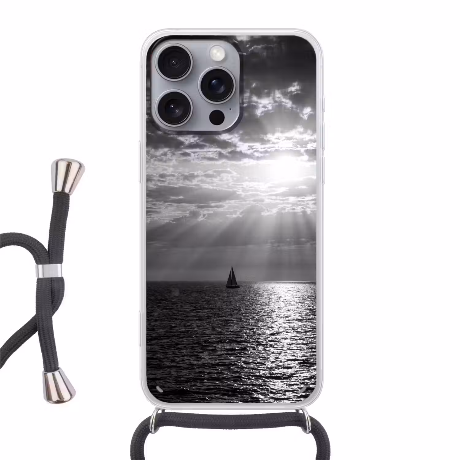 Water - Boot - Lucht - Natuur - Zwart-wit Hoesje iPhone 16 Pro Max met koord klein -3d