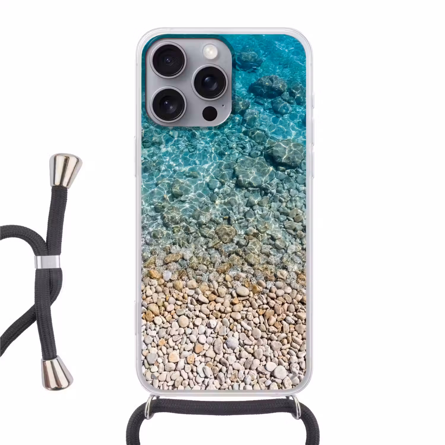 Water - Kiezels - Natuur - Levendig - Turkoois Hoesje iPhone 16 Pro Max met koord klein -3d