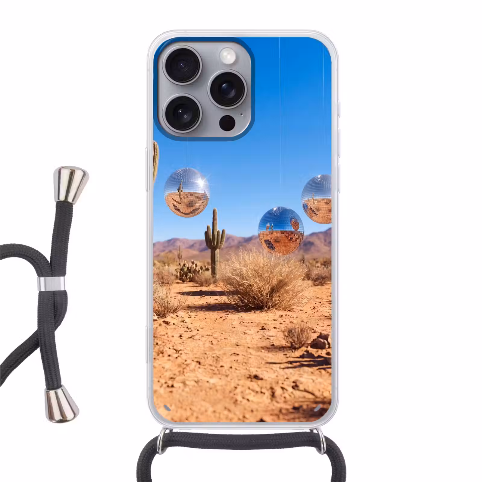 Handyhülle mit Band - Wüste – Spiegelkugel – Kunst - Woestijn - Spiegelbal - Kunst Hoesje iPhone 16 Pro Max met koord klein
