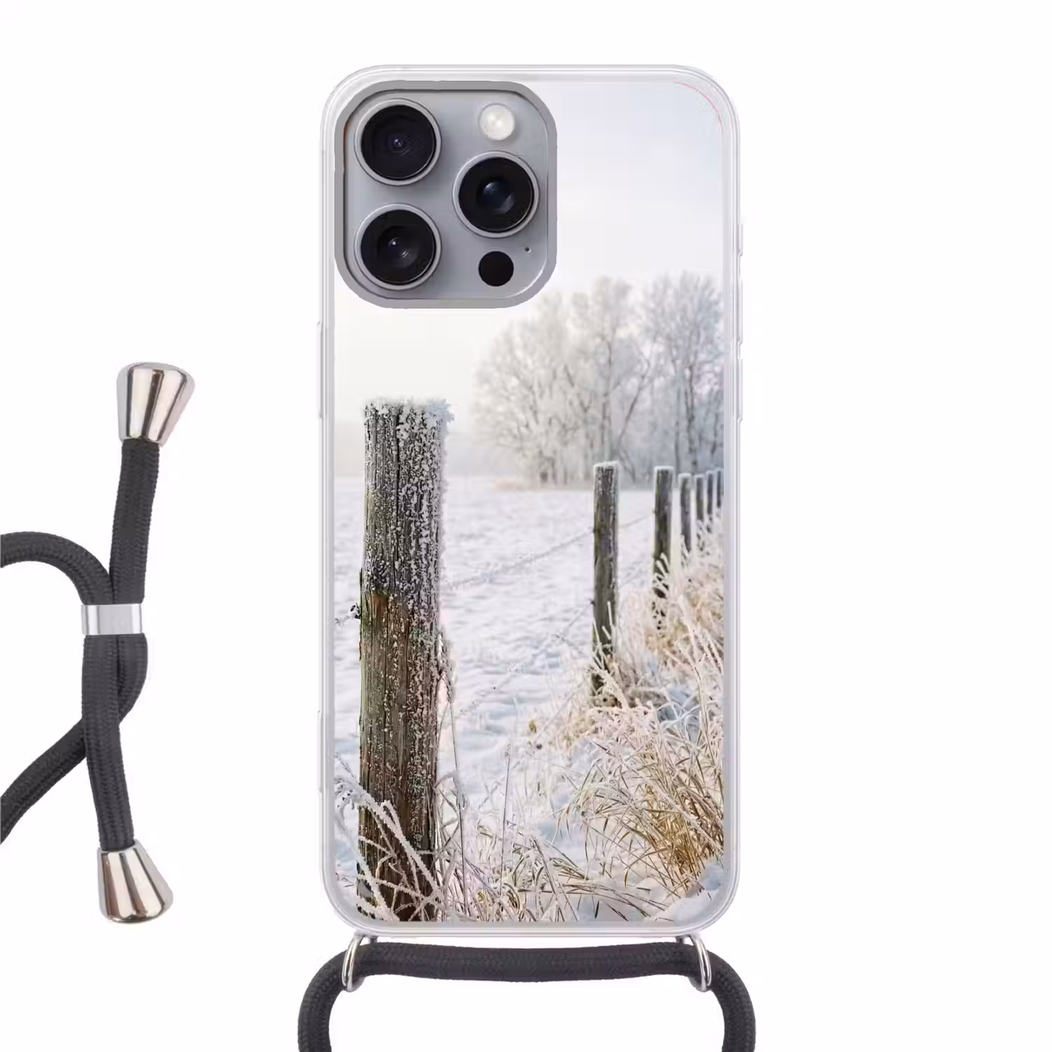 Hek - Sneeuw - Mist - Platteland - Nostalgisch Hoesje iPhone 16 Pro Max met koord klein -3d