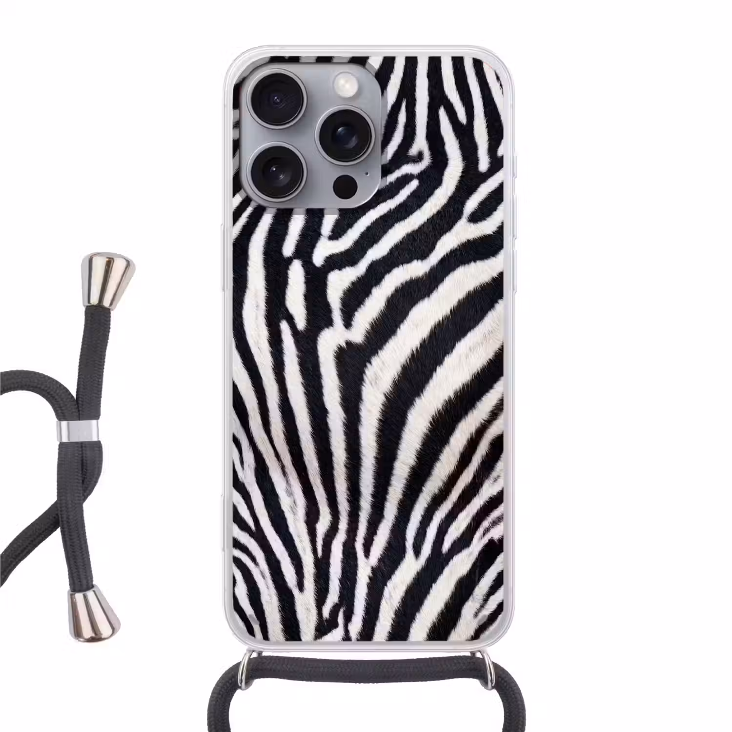 Zebra - Vacht - Klassiek - Zwart - Wit Hoesje iPhone 16 Pro Max met koord klein -3d