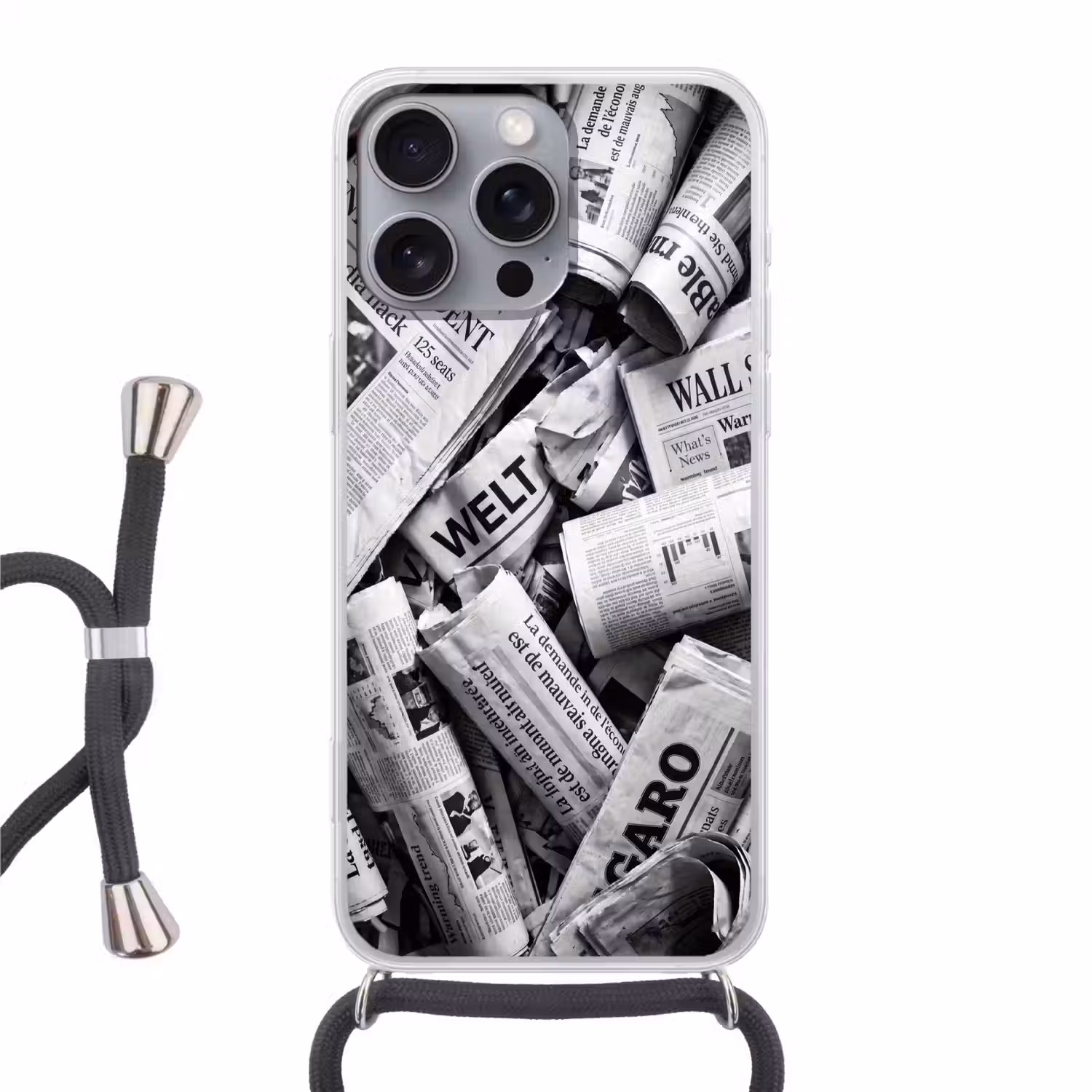 Krant - Stapel - Nieuws - Zwart-wit Hoesje iPhone 16 Pro Max met koord klein -3d