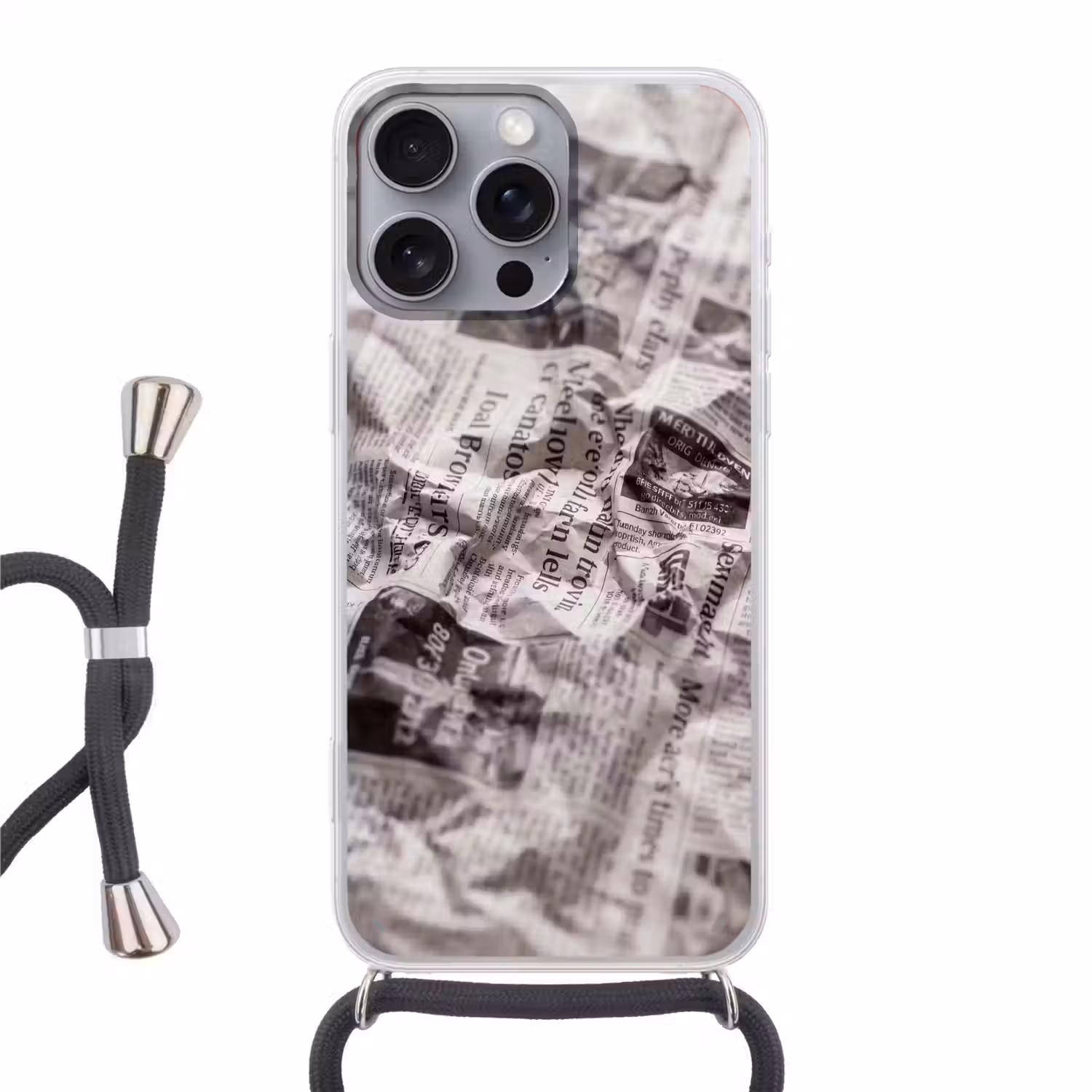 Krant - Gekreukeld - Textuur - Vintage - Zwart-wit Hoesje iPhone 16 Pro Max met koord klein -3d