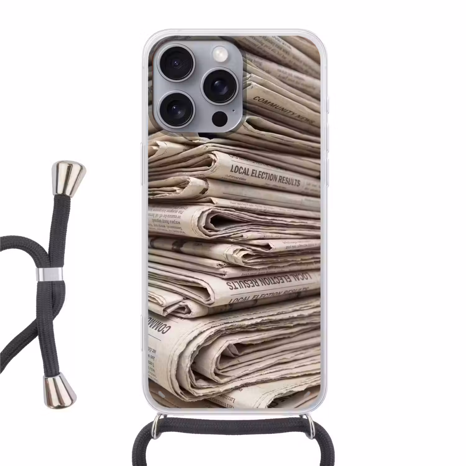 Kranten - Stapel - Nieuws - Vintage - Beige Hoesje iPhone 16 Pro Max met koord klein -3d