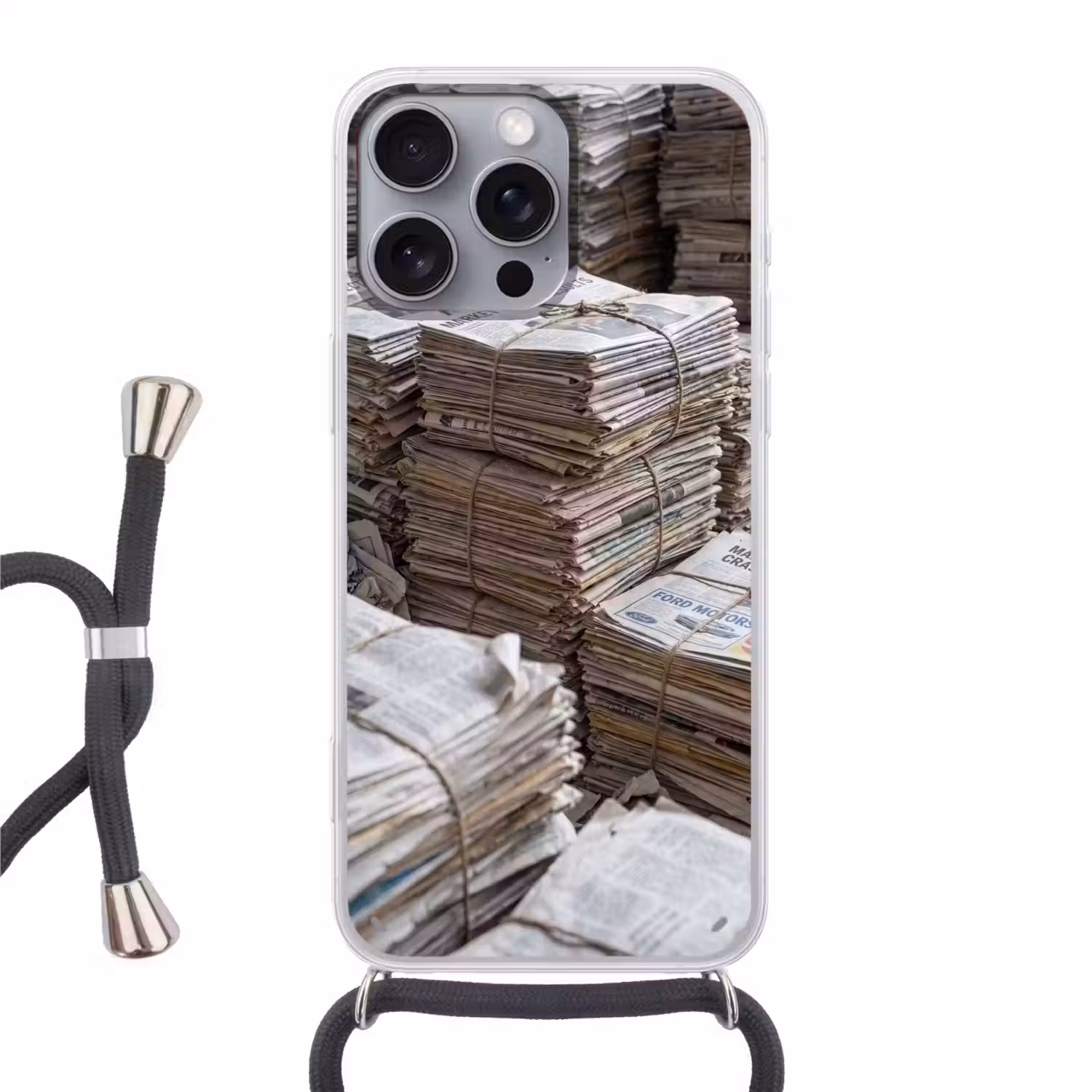 Kranten - Stapels - Touw - Informatie - Vintage Hoesje iPhone 16 Pro Max met koord klein -3d
