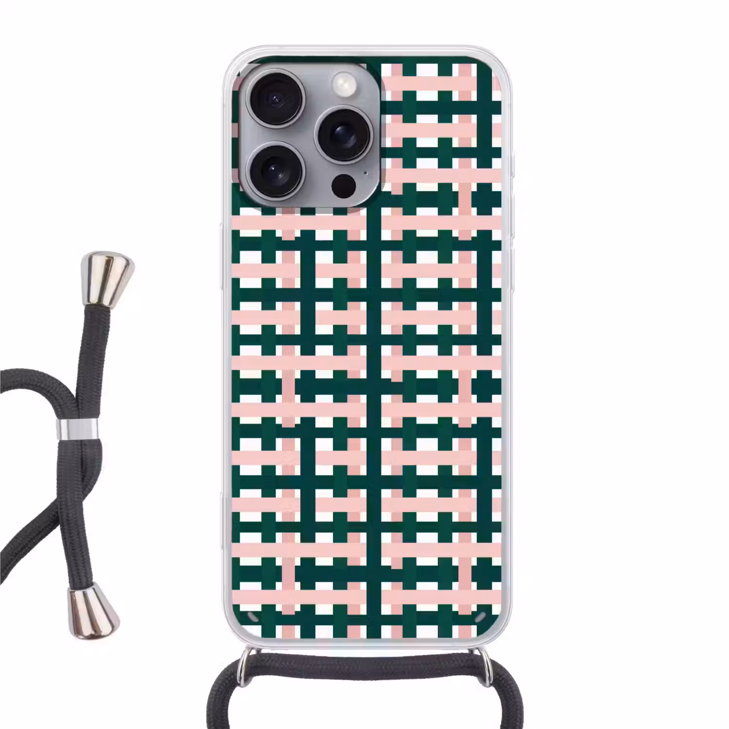 Vlechtpatroon - Groen - Roze - Grafisch Hoesje iPhone 16 Pro Max met koord klein 804 -3d