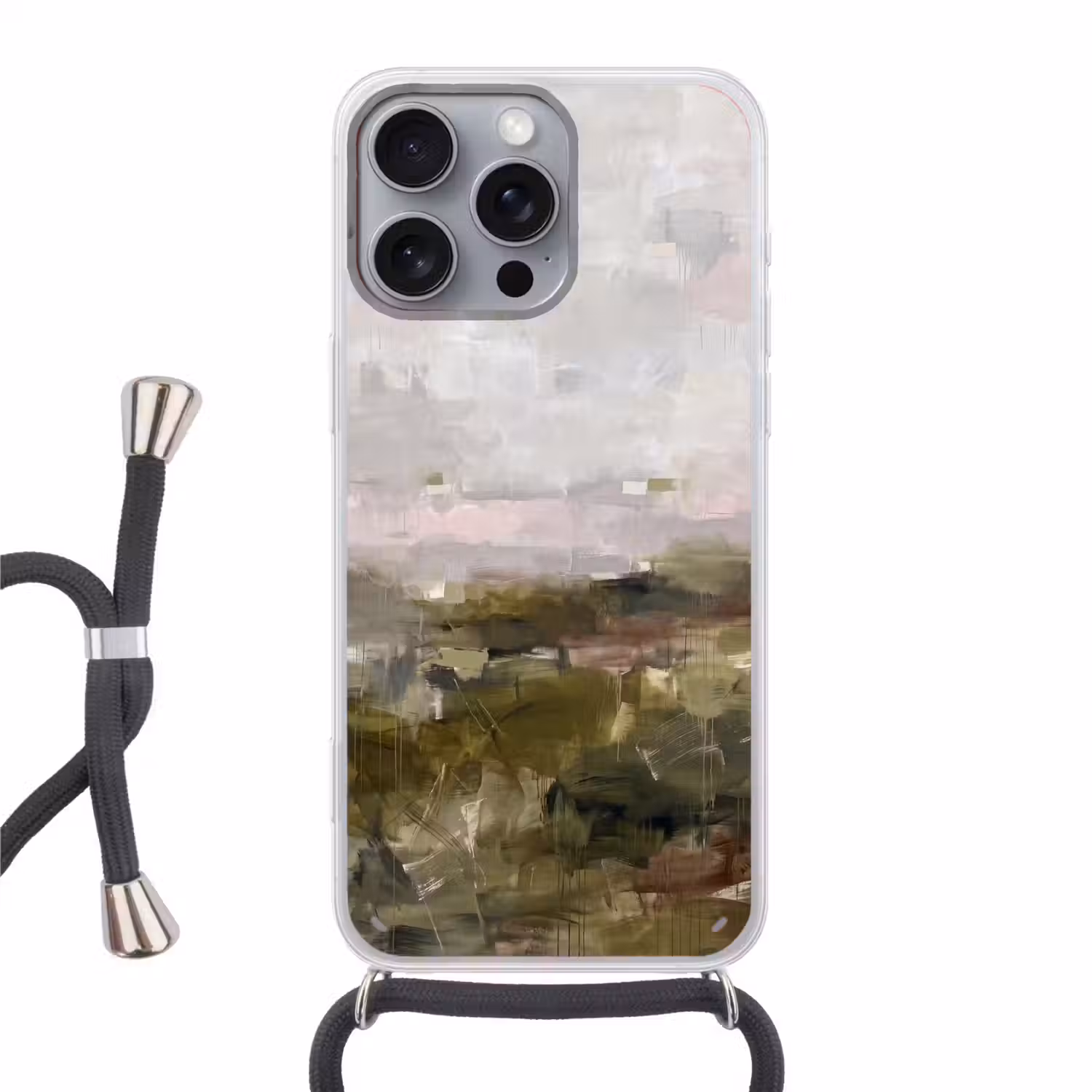 Abstract - Gelaagd - Kunst - Modern - Grijs-Groen Hoesje iPhone 16 Pro Max met koord klein -3d