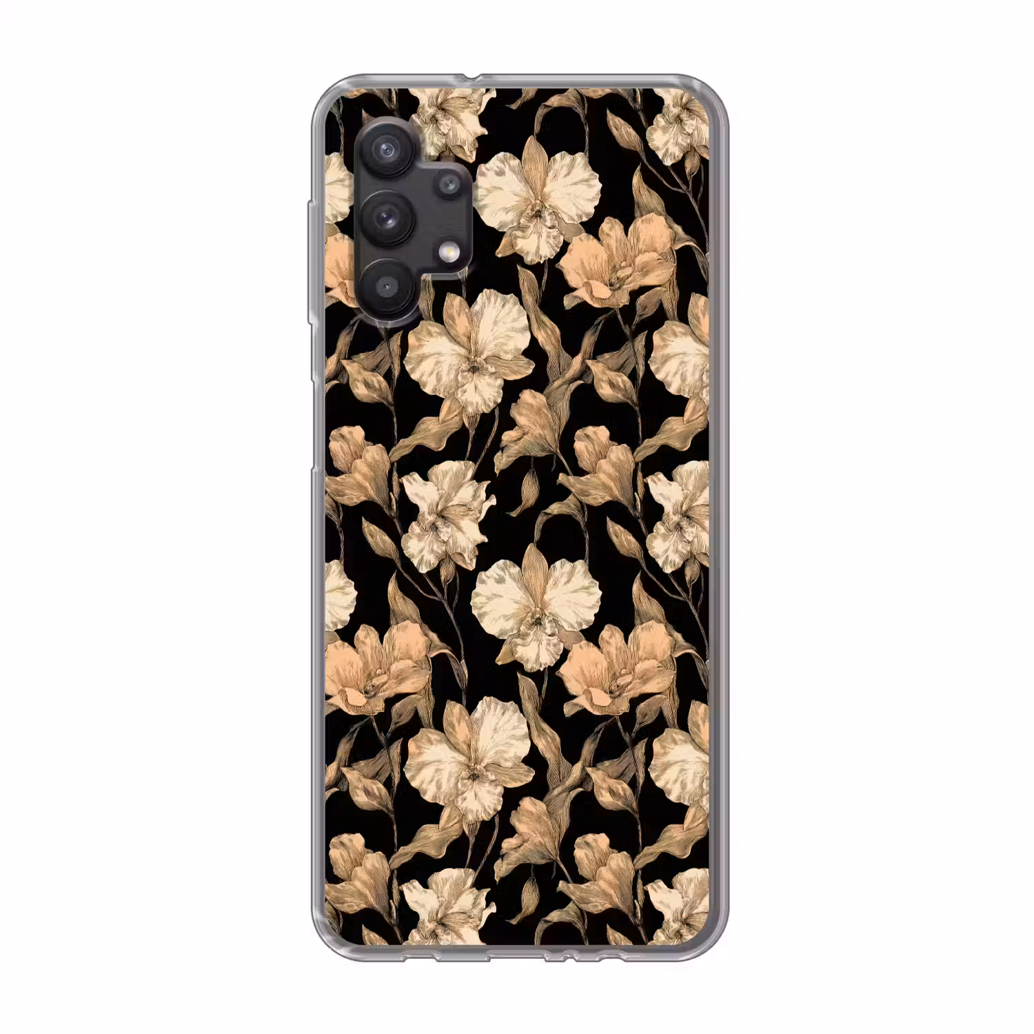 Orchideeën - Lijntekening - Patroon - Beige - Zwart Telefoonhoesje Samsung Galaxy A32 5G klein 346 -3d