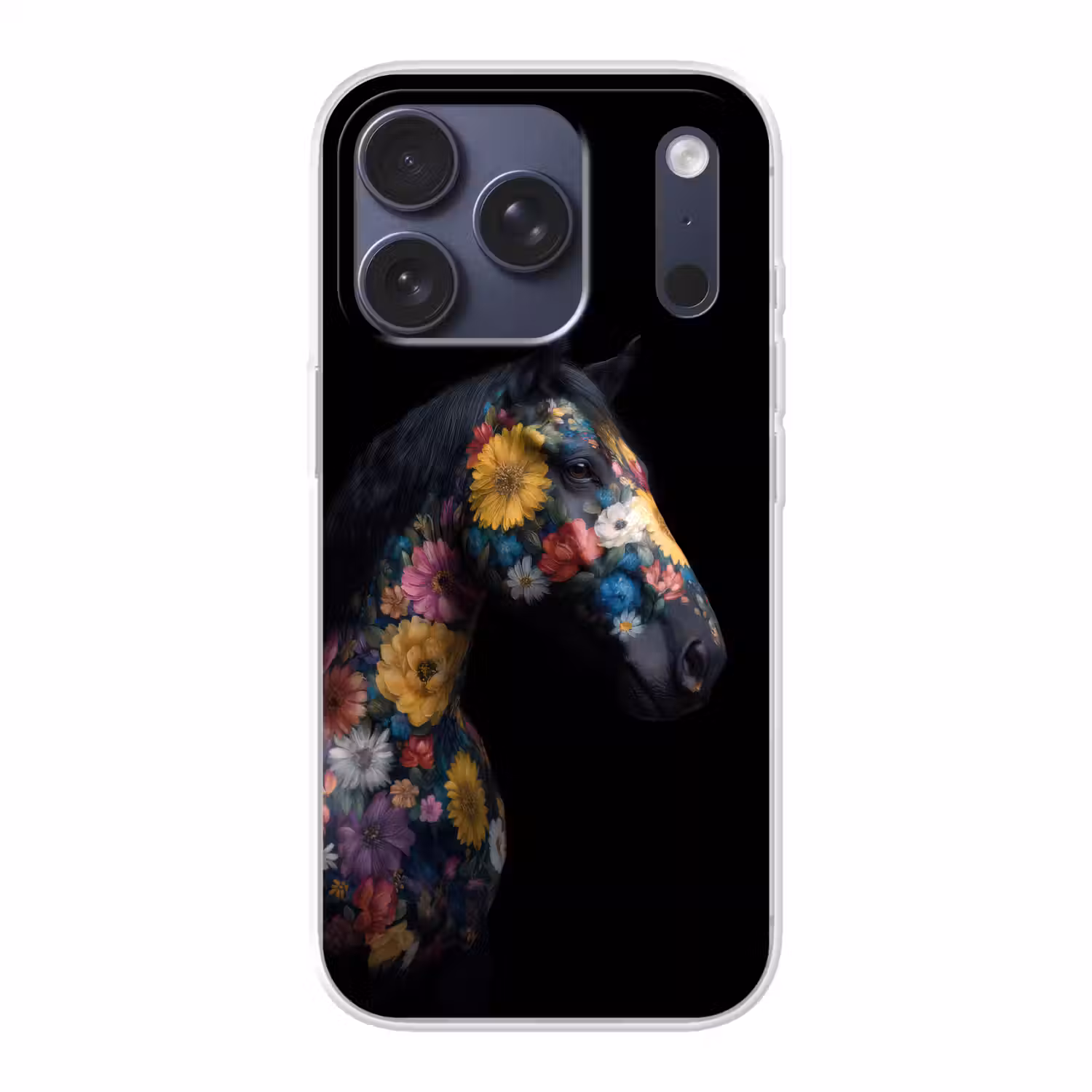 Paard - Bloemen - Zwart Telefoonhoesje iPhone 17 Pro klein -3d