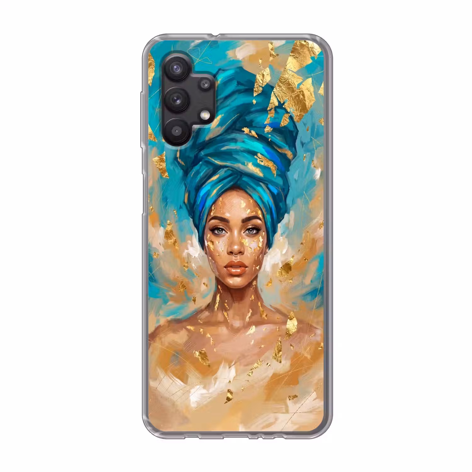 Portret - Vrouw - Schilderij - Blauw - Goud - Expressief Telefoonhoesje Samsung Galaxy A32 5G klein -3d