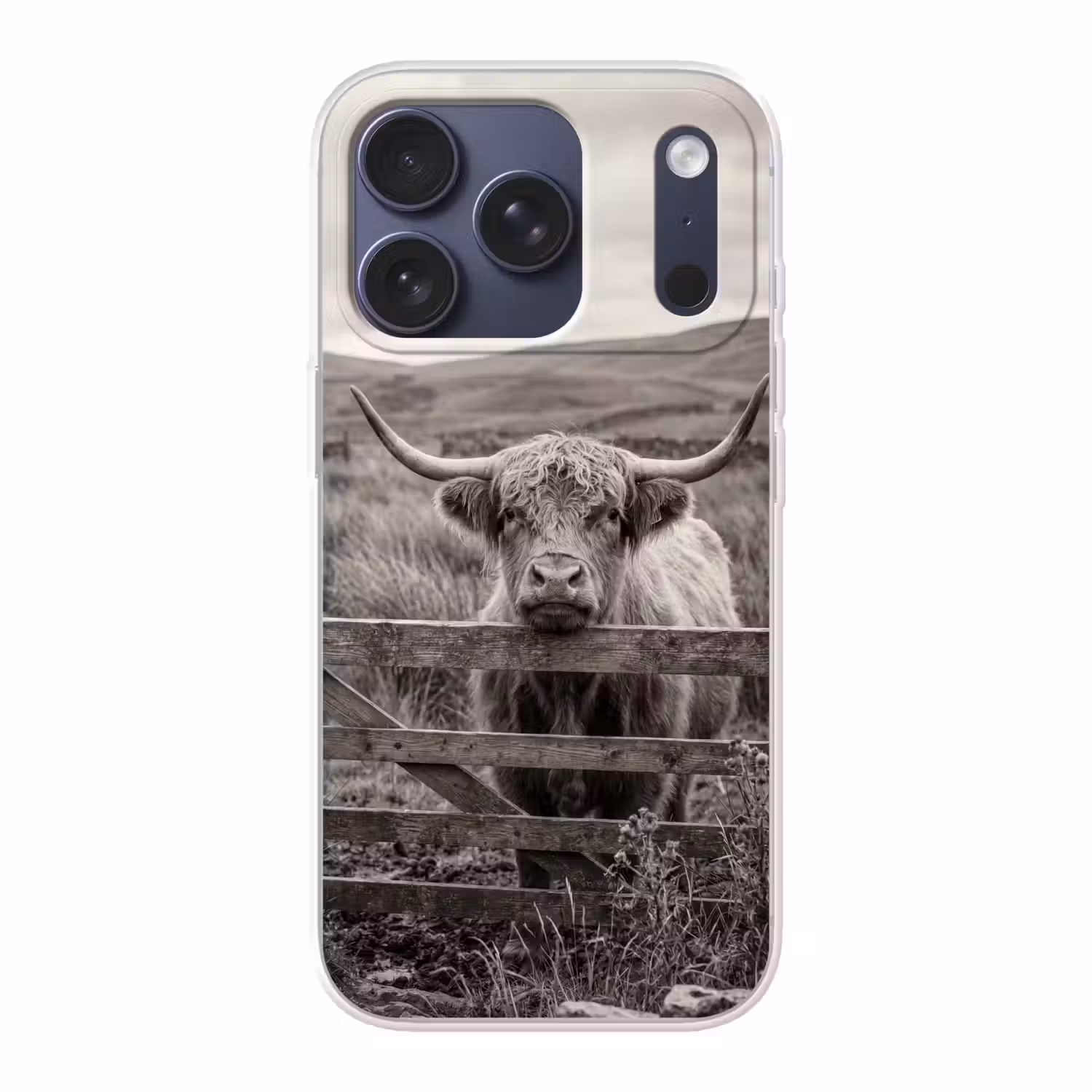 Schotse hooglander - Zwart - Wit - Hout Telefoonhoesje iPhone 17 Pro klein -3d