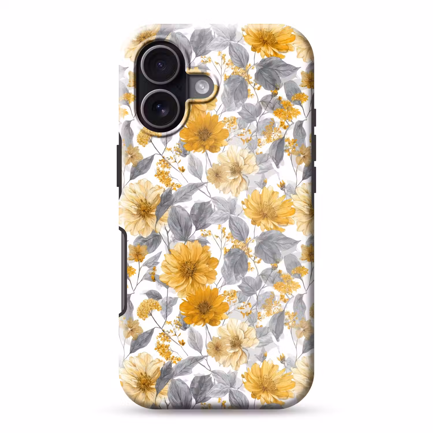 Bloemen - Botanisch - Elegant - Okergeel - Grijs Toughcase MagSafe Apple iPhone 17 klein 1017 -3d