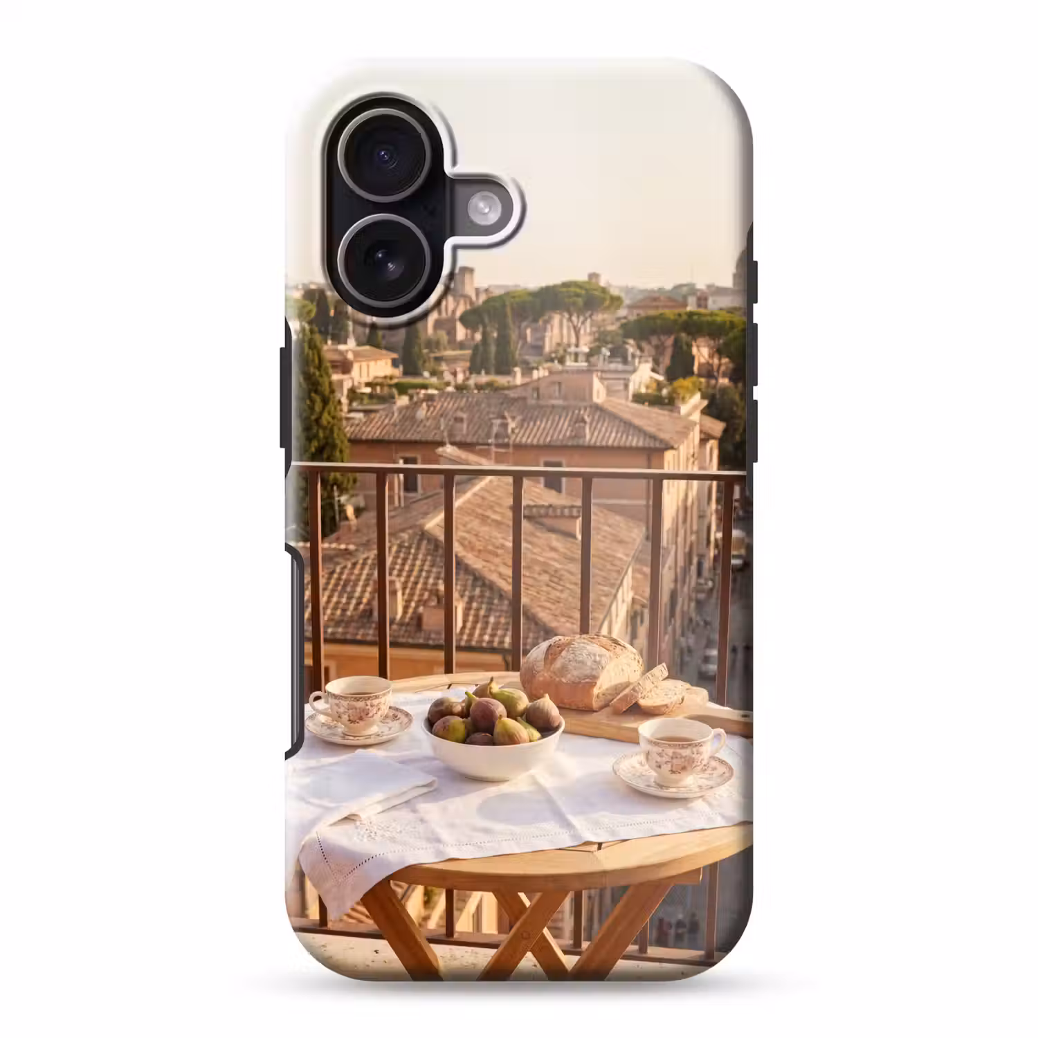 Eten - Ontbijt - Balkon - Stad - Zonsopgang Toughcase MagSafe Apple iPhone 17 klein -3d