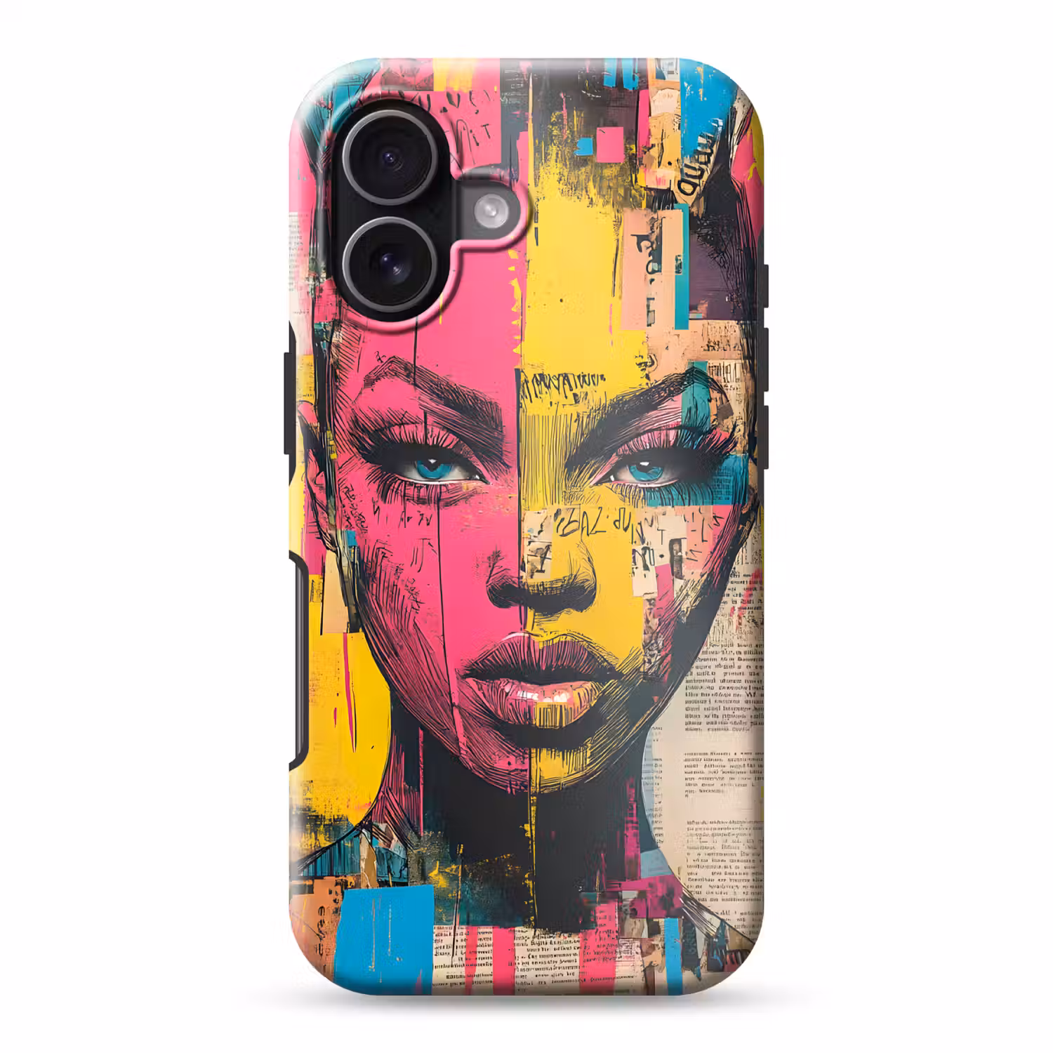 Vrouwengezicht - Krantenpapier - Abstract - Roze Toughcase MagSafe Apple iPhone 17 klein -3d