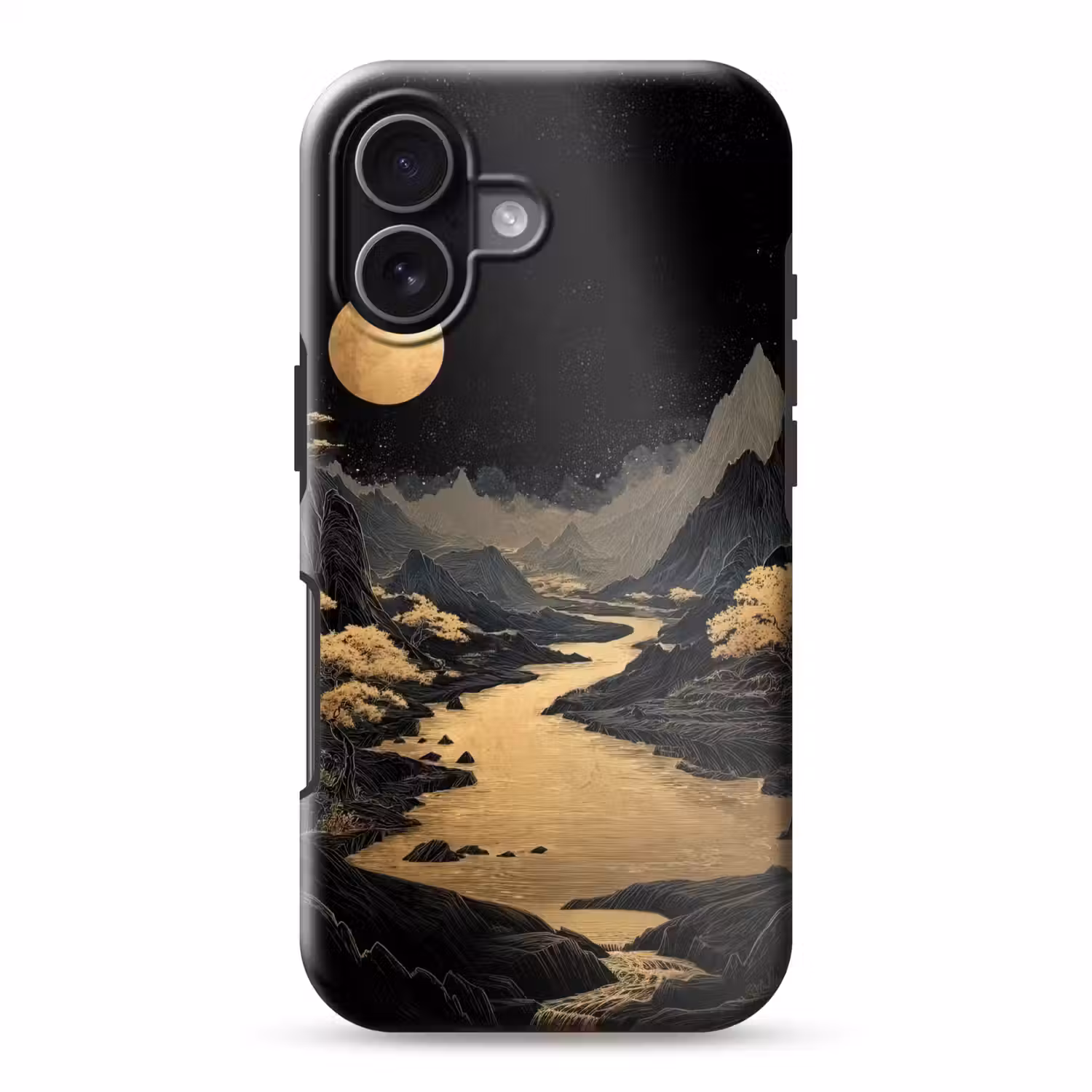 Gouden rivier - Bergen - Maan - Sterrenhemel Toughcase MagSafe Apple iPhone 17 klein -3d