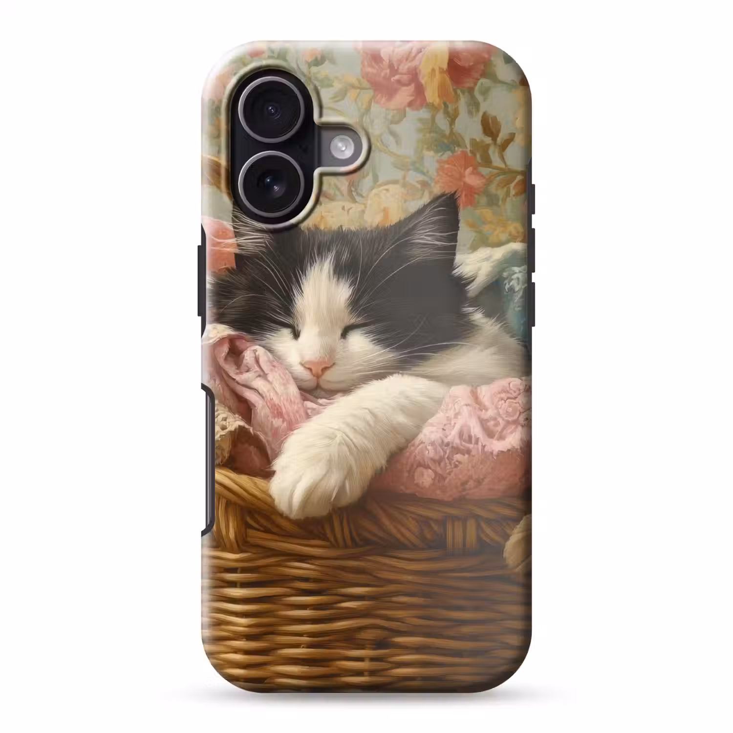 Kat - Bloemenprint - Rieten mand Toughcase MagSafe Apple iPhone 17 klein -3d