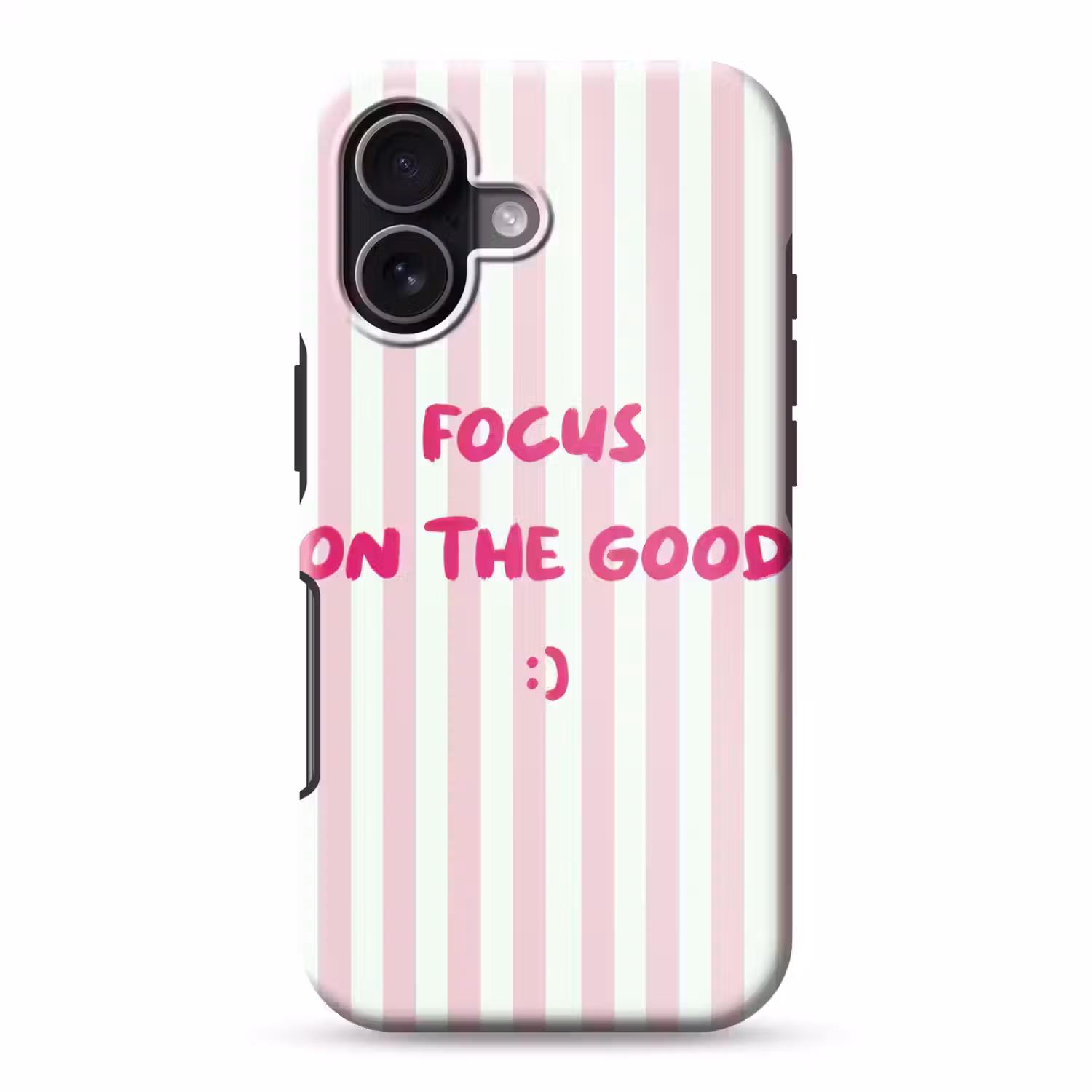 Focus on the good - Strepen - Roze - Smiley Toughcase MagSafe Apple iPhone 17 klein -3d