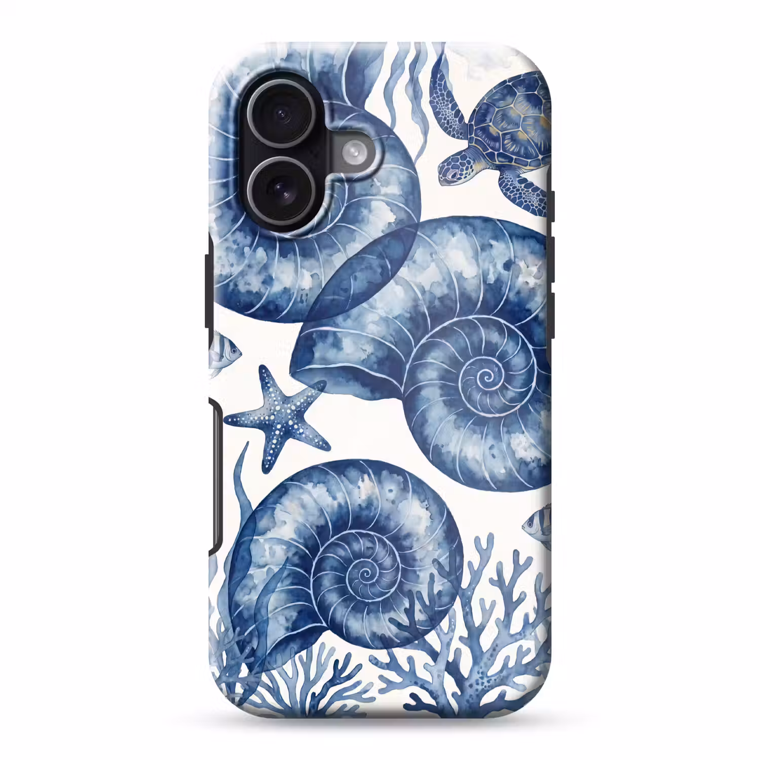 Schelp - Spiraal - Zeeleven - Aquarel - Blauw Toughcase MagSafe Apple iPhone 17 klein -3d