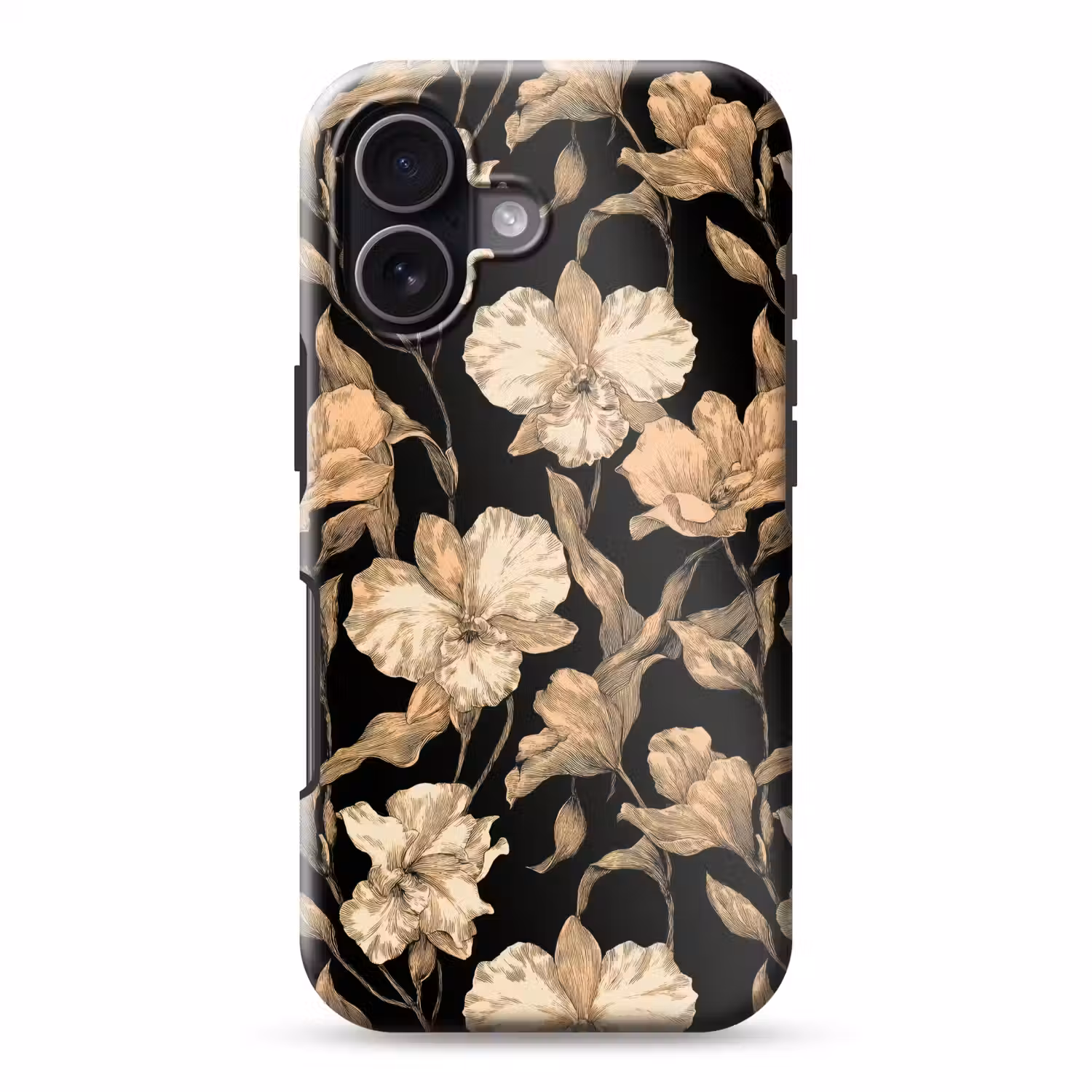 Orchideeën - Lijntekening - Patroon - Beige - Zwart Toughcase MagSafe Apple iPhone 17 klein 1017 -3d