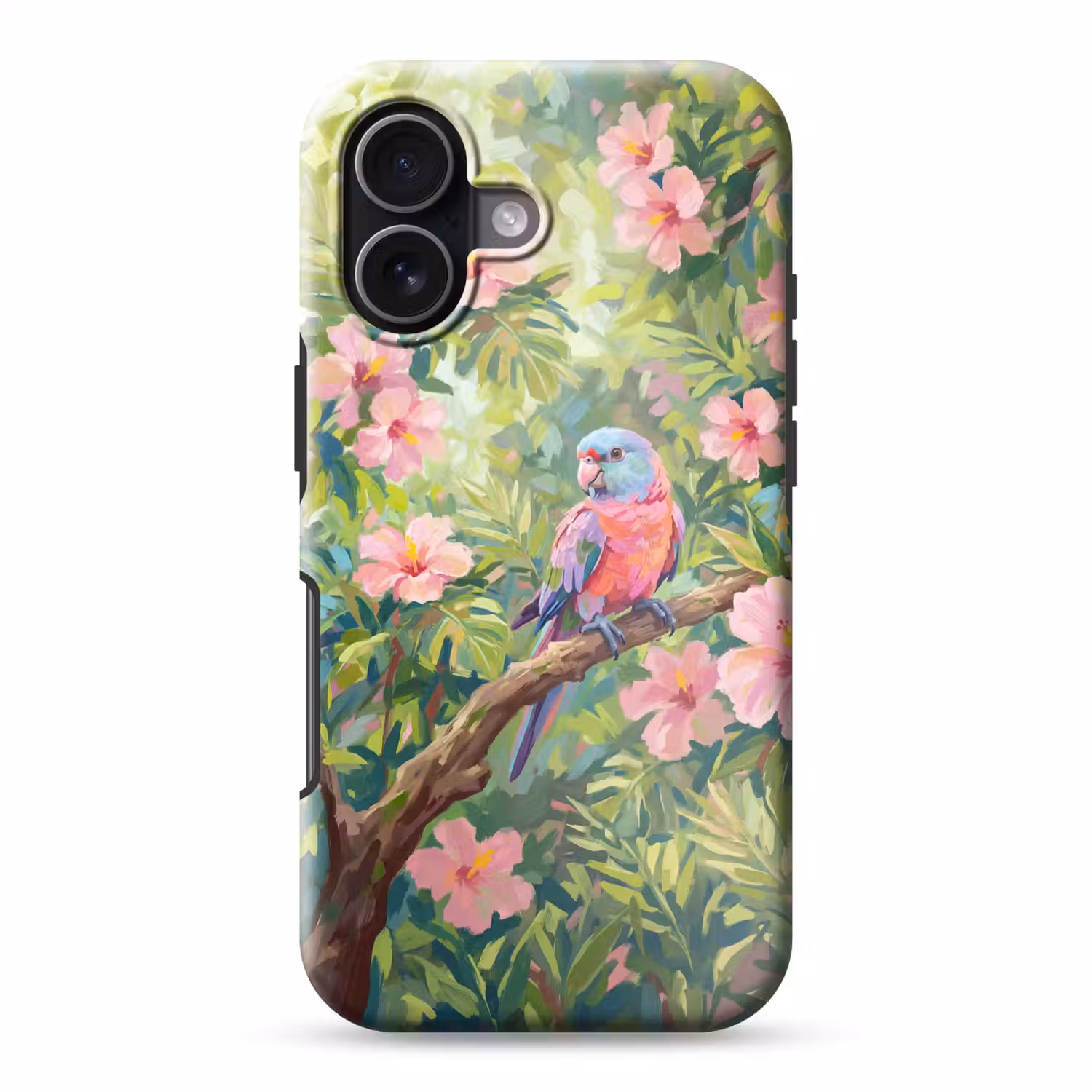 Papagaai - Hibiscusbloemen - Kleurrijk Toughcase MagSafe Apple iPhone 17 klein -3d
