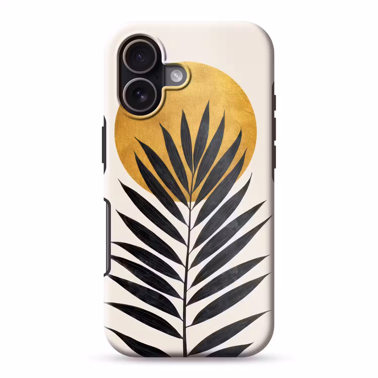 Zwart palmblad - Gouden cirkel - Beige achtergrond Toughcase MagSafe Apple iPhone 17 klein -3d