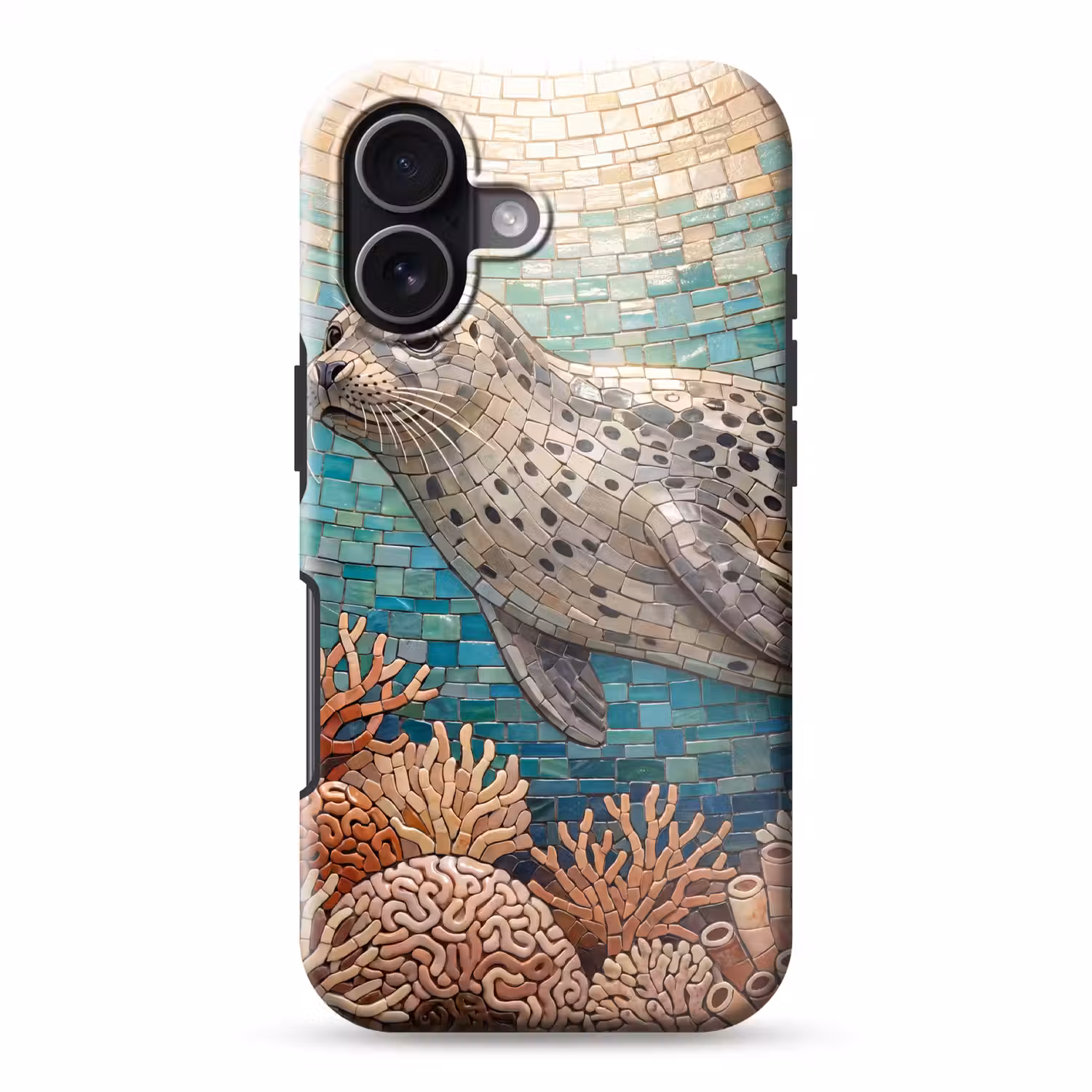 Zeehond - Mozaïek - Onderwater - Dieren - Blauw Toughcase MagSafe Apple iPhone 17 klein -3d