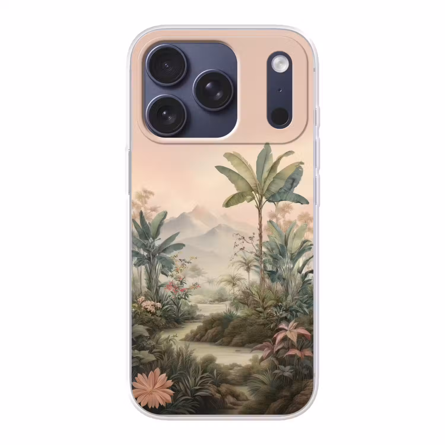 Tropisch landschap - palmbomen - Bloemen - Roze lucht Telefoonhoesje iPhone 17 Pro klein -3d
