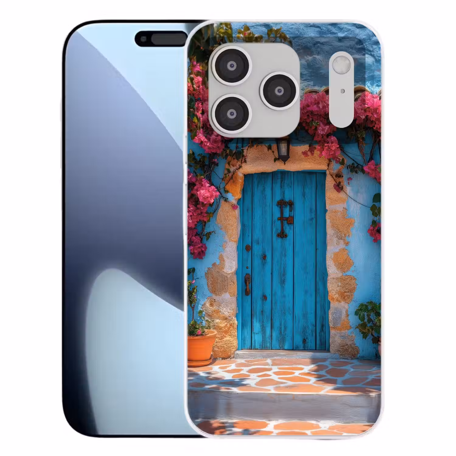 Deur - Hout - Bloemen - Blauw Telefoonhoesje iPhone 17 Pro klein -3d