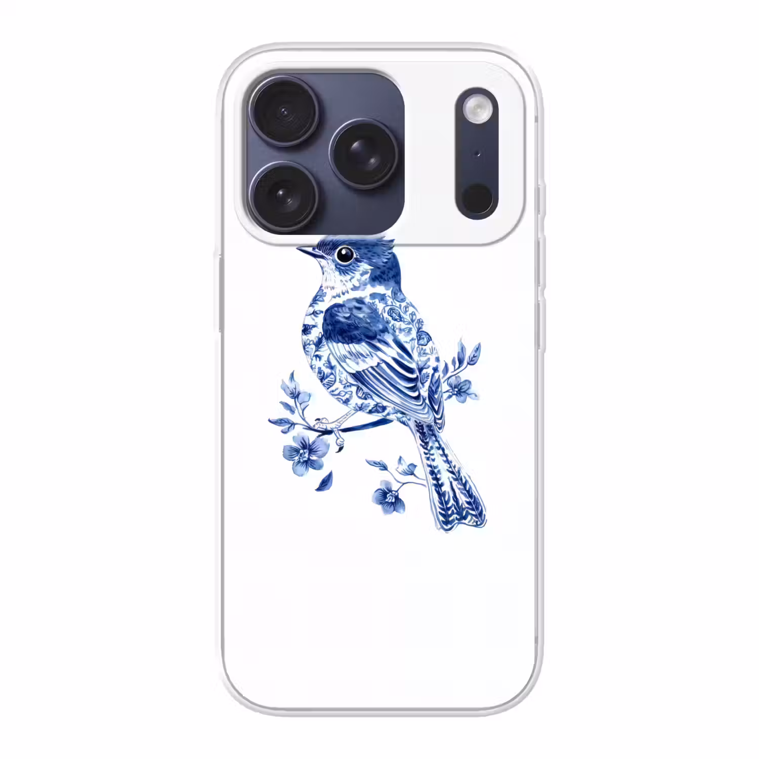 Vogel - Delfts blauw - Illustratie - Bloemen Telefoonhoesje iPhone 17 Pro klein -3d