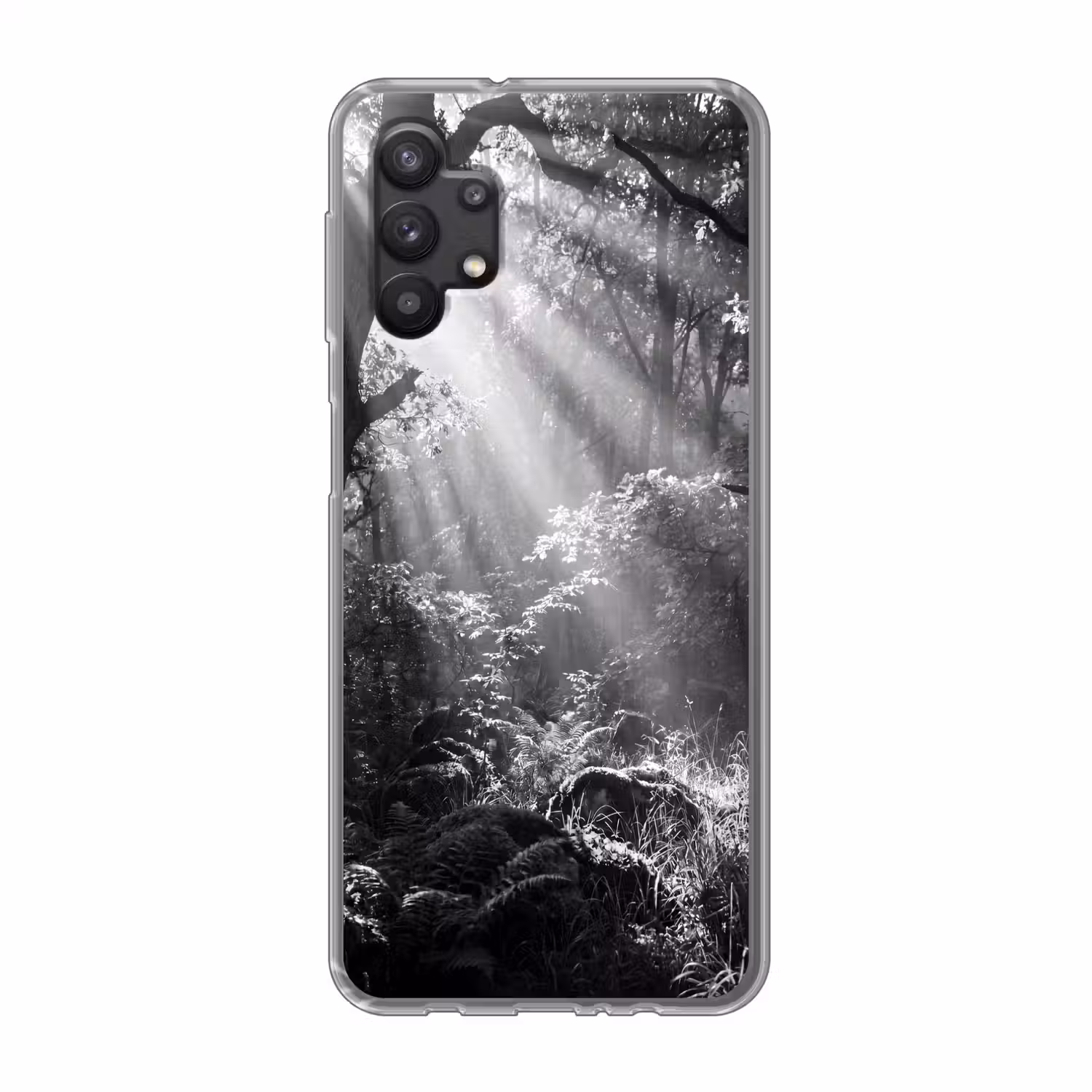 Bos - Lichtstralen - Natuur - Zwart-wit Telefoonhoesje Samsung Galaxy A32 5G klein -3d