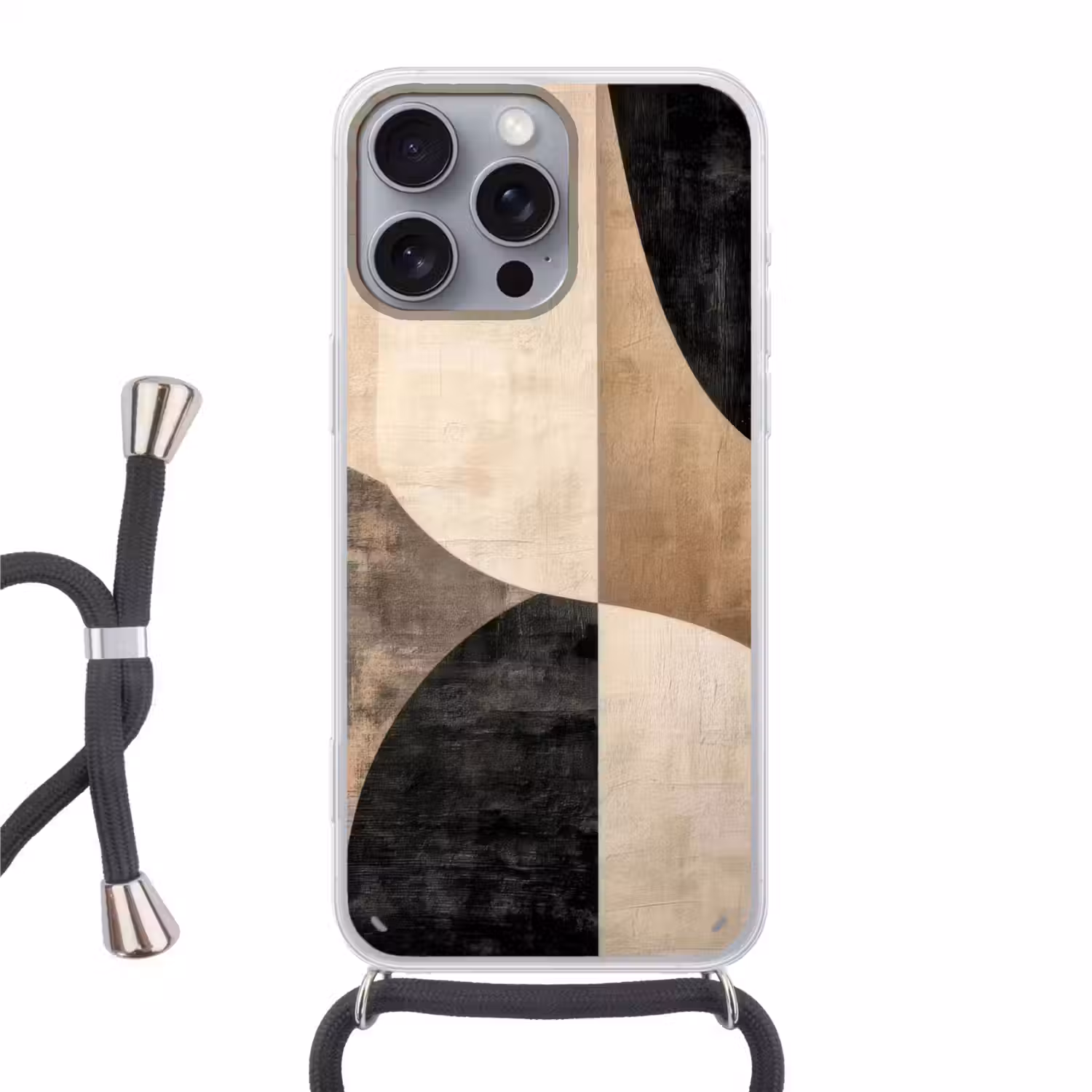 Abstract - Vlakken - Zwart - Rond Hoesje iPhone 16 Pro Max met koord klein -3d